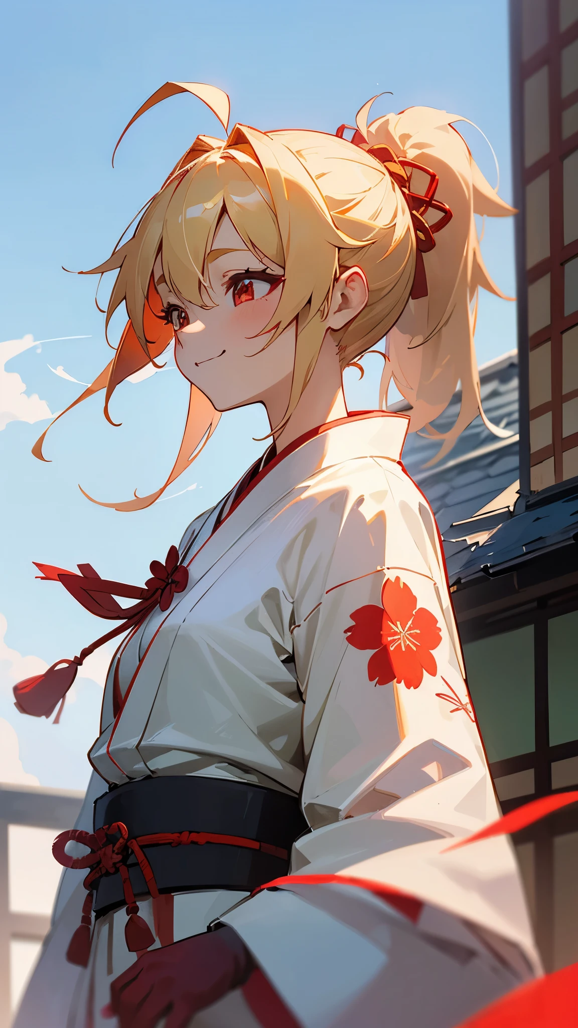 (highest quality、Extra fine、genuine)、1 girl、Japanese clothes based on red、floral obi、Floral decoration、small breasts、blonde、red eye、ponytail、Ahoge、From the side、gloves、evil smile、roof of the building、Blowin' in the wind、blue sky、upper body close-up、sharp outline