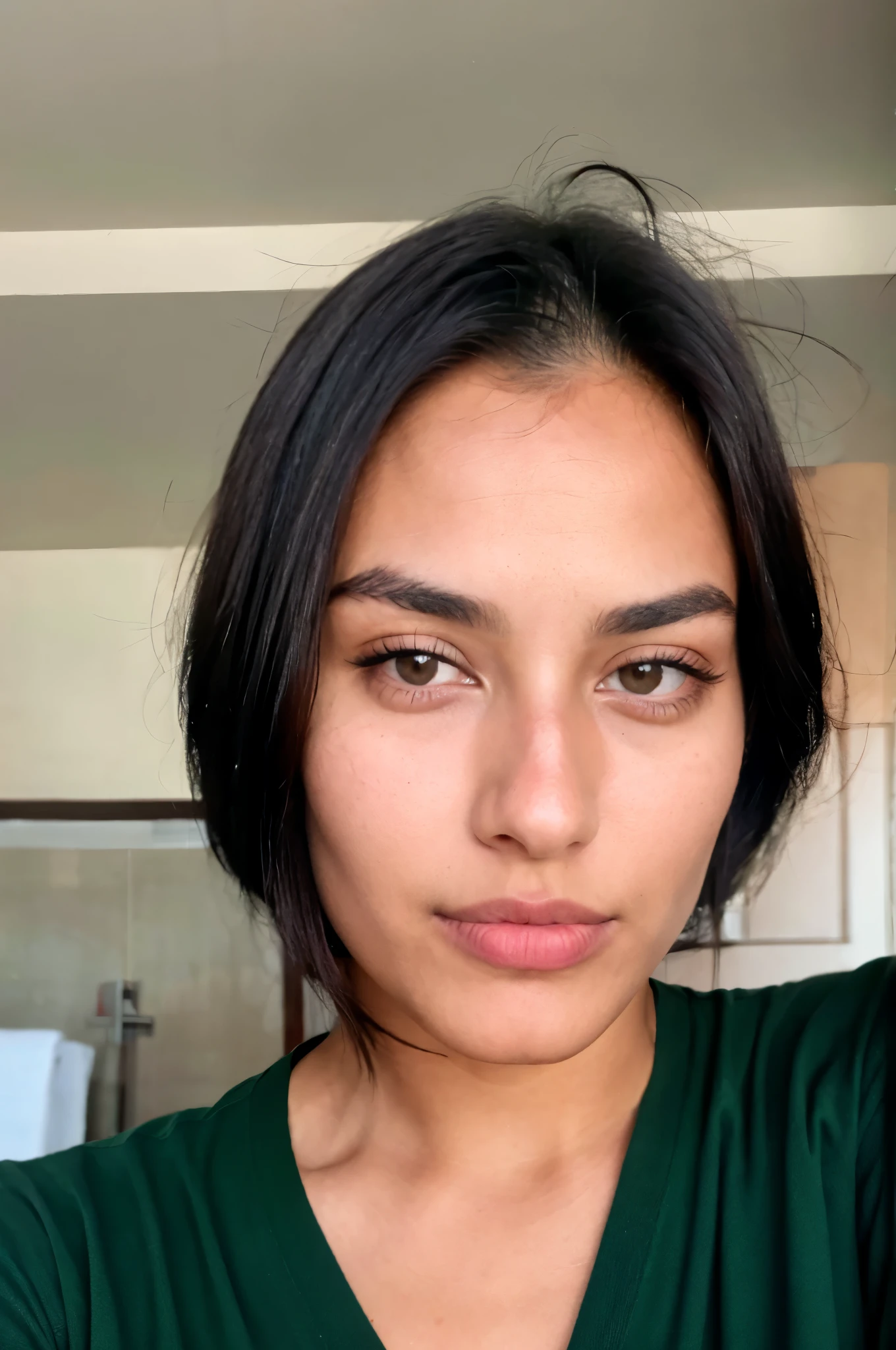Make me a man, I want his picture, he has black hair, a small round face, red cheekbones, brown, beautiful eyes, she wears a green shirt she looks like a nice person, she is social and positive, qualities of a Moroccan man Instagram photos, selfie of a face close
