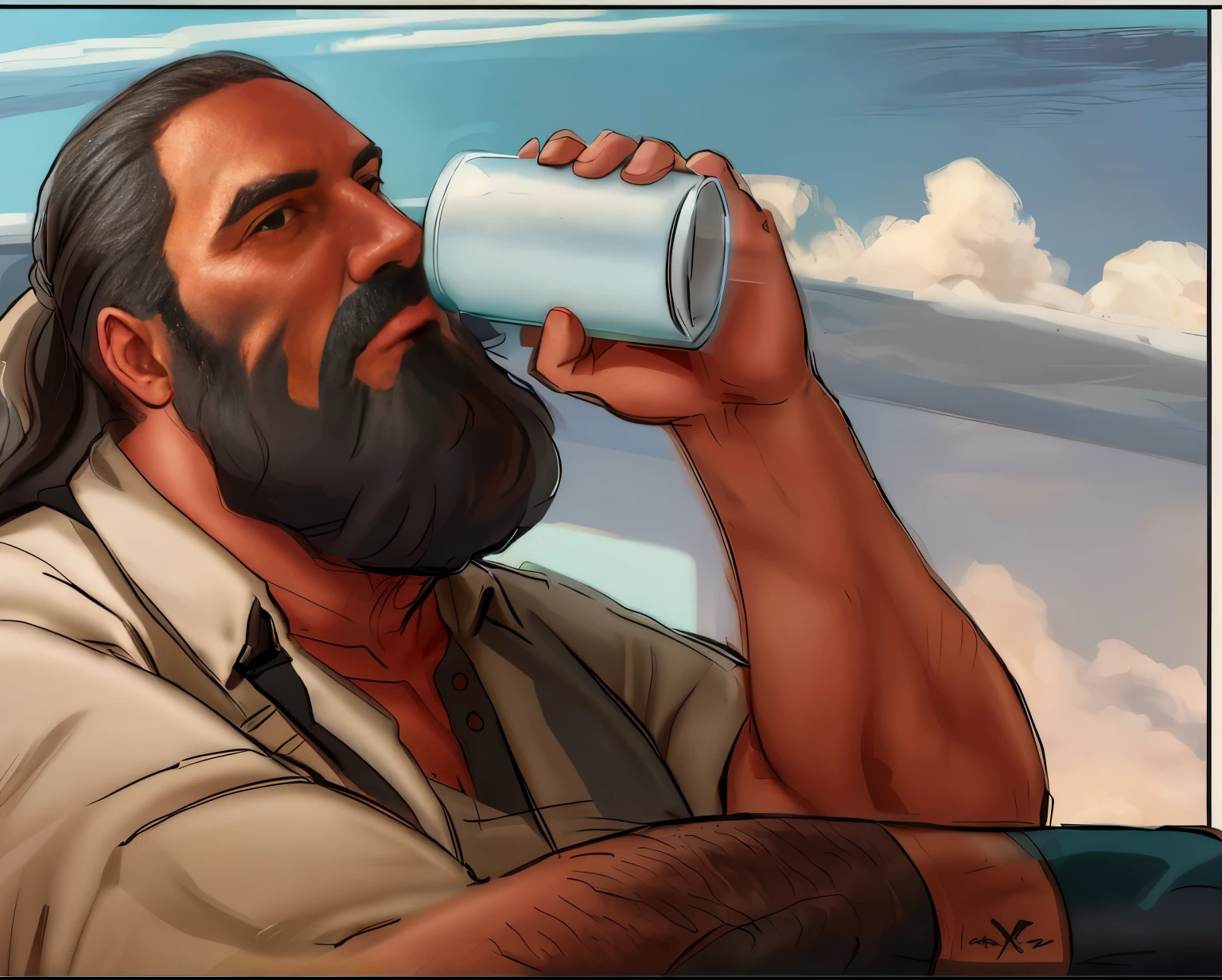 close-up of a 40-year-old man, gray beard and hair, drinking beer in an afternoon sky, 8k, high quality, detailed