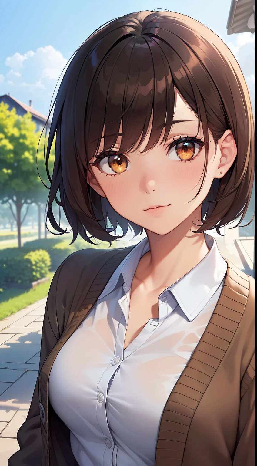 ((Obra maestra, Mejor calidad, A high resolution, hyper high definition, pixels perfect, Profundidad de campo, 4k, RTX, HDR))), 1 chica, Soltero, Solo, hermosa chica anime, Beautiful artistic style, figura animada, ((pelo largo, golpes, Pelo negro, Pelo RIZADO:0.8)), ((Ojos negros:1.4, ojos redondos, Beautiful eyelashes, ojos realistas)), ((cara detallada, rubor:1.2)), ((Textura suave:0.75, textura realista:0.65, fotorrealista:1.1, estilo anime cg)), pechos medianos, dynamic angle, Cuerpo perfecto, ((retrato, Punto de vista)), ((pajarita roja, uniforme escolar, chaqueta negra, chaqueta abierta, brown cardigan, Camisa blanca, falda negra, faldas a cuadros)), sonrisa, Un parque maravilloso