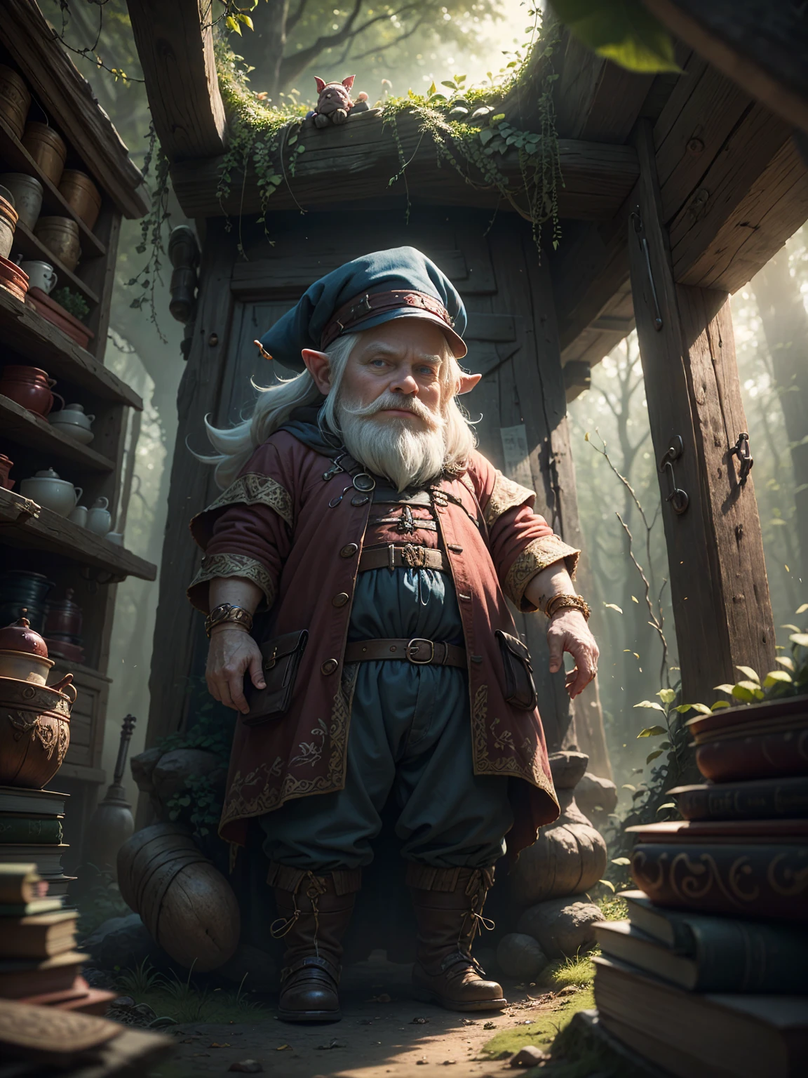 dwarf (feminine) (Englishman: dwarf), (I live in a very cozy house in a cave in the forest.), Well-tailored medieval linen clothing, red hat,  blue eyes, whole body, Exotic fairy gnomes, , dynamic pose, but、From the point of view, (old-fashioned medieval clothing),  HDR, High resolution, 16:9 aspect ratios, (delicate eyes and expressions), 