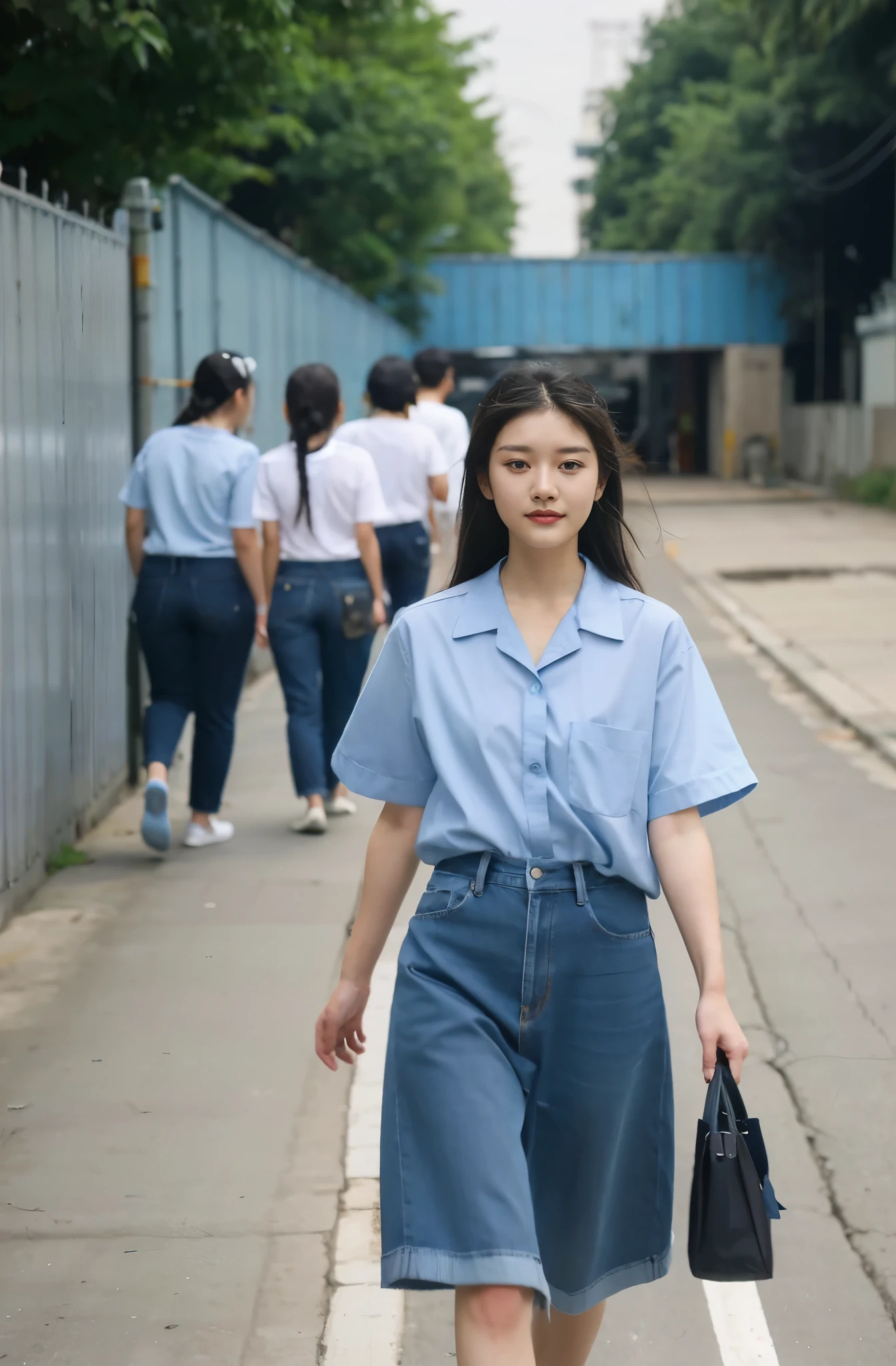 a group of beauties，Wearing sky blue short-sleeved shirt factory workshop employee work clothes,Youth summer work clothes short-sleeved shirt，Indigo jeans，Walking on the sidewalk outside the factory fence，On the way to work