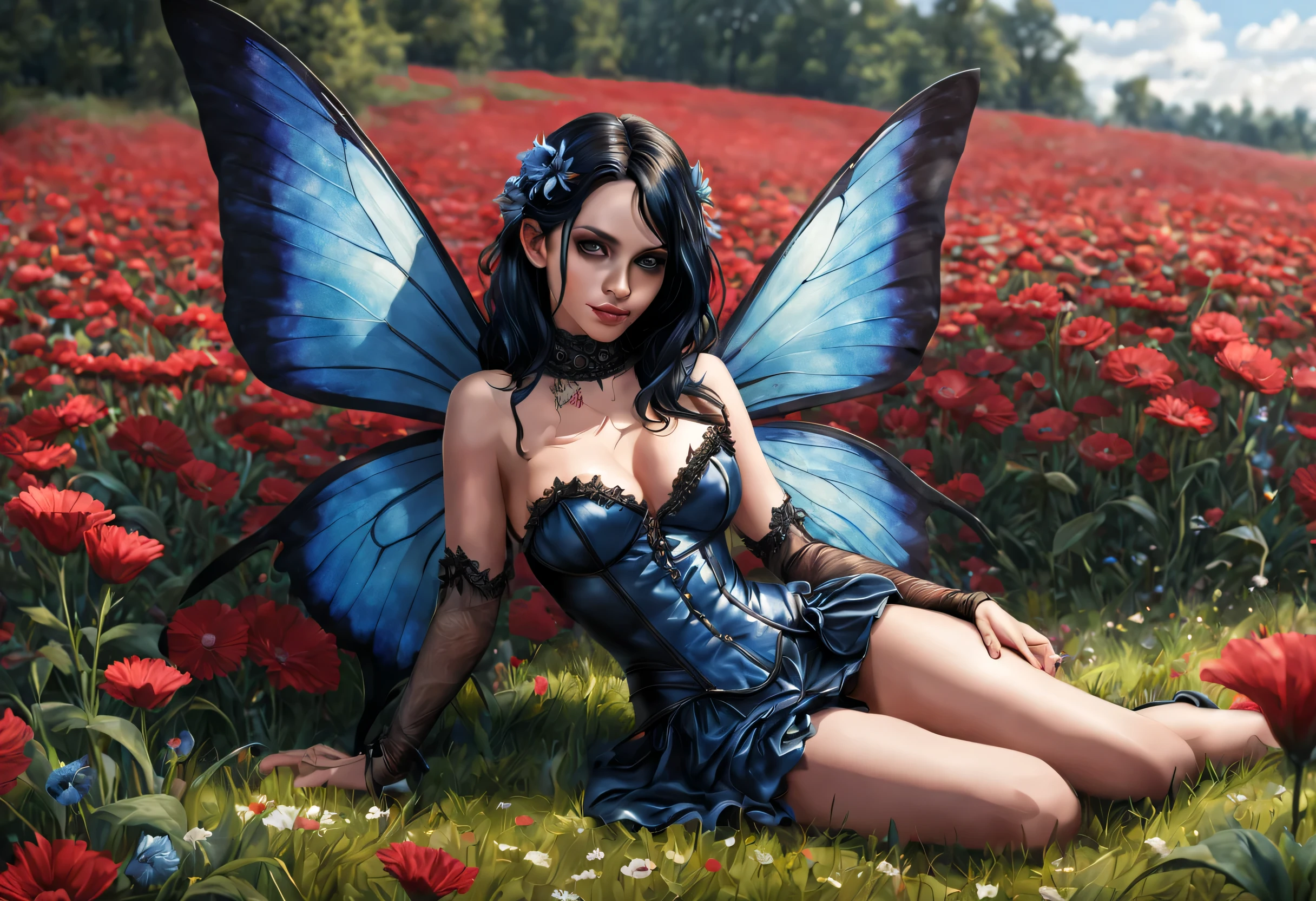 high details, best quality, 16k, RAW, [best detailed], masterpiece, best quality, (extremely detailed), full body, ultra wide shot, photorealistic, dark fantasy art, goth art, RPG art, D&D art, a picture of a dark female fairy resting in a flower meadow, extremely beautiful fairy, ultra feminine (intense details, Masterpiece, best quality), best detailed face (intense details, Masterpiece, best quality), having wide butterfly wings, spread butterfly wings (intense details, Masterpiece, best quality), dark colors wings (intense details, Masterpiece, best quality), black hair, long hair, shinning hair, flowing hair, shy smile, innocent smile, blue eyes, dark red lips, wearing [red] dress latex corset (intense details, Masterpiece, best quality), dynamic elegant shirt, chocker, wearing high heels, in dark colored flower meadow (intense details, Masterpiece, best quality), (red flowers: 1.2) , (black flowers: 1.2), (white flowers: 1.2), (blue flowers: 1.3) [extreme many flowers] (intense details, Masterpiece, best quality), dark colorful flowers (intense details, Masterpiece, best quality), flower meadow in a dark goth field background, dim light, cinematic light, High Detail, Ultra High Quality, High Resolution, 16K Resolution, Ultra HD Pictures, 3D rendering Ultra Realistic, Clear Details, Realistic Detail, Ultra High Definition, DonMF41ryW1ng5XL