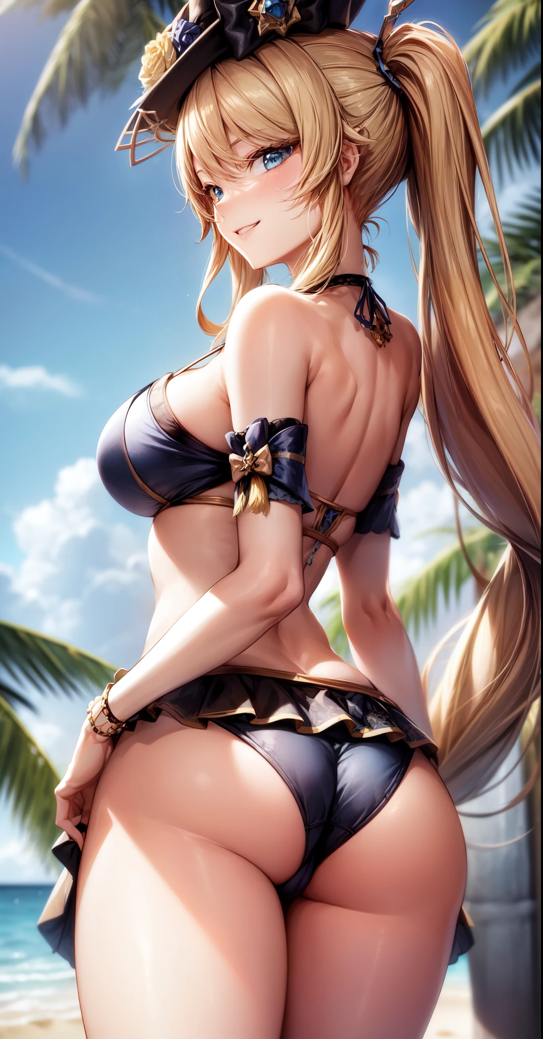 anime, beautiful face, highly detailed face, 2 accurate legs, blue detailed eyes, highly detailed beach background, perfect lighting, best body lighting, navia hat, 1girl, solo, navia, genshin impact, outdoors, beautiful blonde long hair, absurdres, high res, ultrasharp, 8K, masterpiece, looking at viewer, (teasing smile:1.2), blushing loads, BREAK (detailed sexy beach bikini:1.5), all intricate lace, (elegant pose:1.2), (view from behind:1.3), ass view, looking over her shoulders