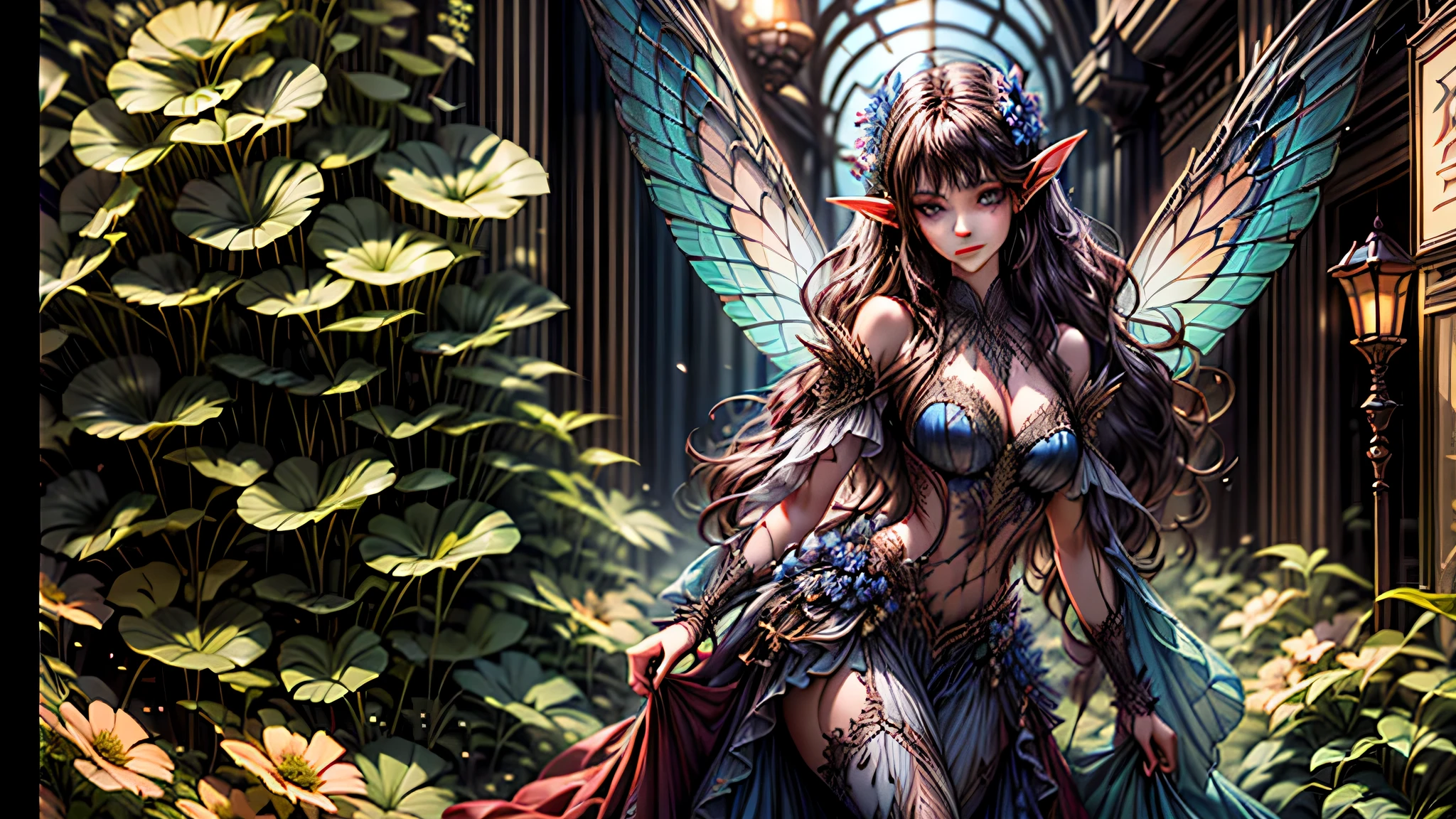 high details, best quality, 16k, RAW, [best detailed], masterpiece, best quality, (extremely detailed), full body, ultra wide shot, photorealistic, dark fantasy art, goth art, RPG art, D&D art, a picture of a dark female fairy resting in a flower meadow, extremely beautiful fairy, ultra feminine (intense details, Masterpiece, best quality), best detailed face (intense details, Masterpiece, best quality), having wide butterfly wings, spread butterfly wings (intense details, Masterpiece, best quality), dark colors wings (intense details, Masterpiece, best quality), black hair, long hair, shinning hair, flowing hair, shy smile, innocent smile, blue eyes, dark red lips, wearing [red] dress latex corset (intense details, Masterpiece, best quality), dynamic elegant shirt, chocker, wearing high heels, in dark colored flower meadow (intense details, Masterpiece, best quality), (red flowers: 1.2) , (black flowers: 1.2), (white flowers: 1.2), (blue flowers: 1.3) [extreme many flowers] (intense details, Masterpiece, best quality), dark colorful flowers (intense details, Masterpiece, best quality), flower shop in a dark goth era street background, dim light, cinematic light, gaslight lamp light, High Detail, Ultra High Quality, High Resolution, 16K Resolution, Ultra HD Pictures, 3D rendering Ultra Realistic, Clear Details, Realistic Detail, Ultra High Definition