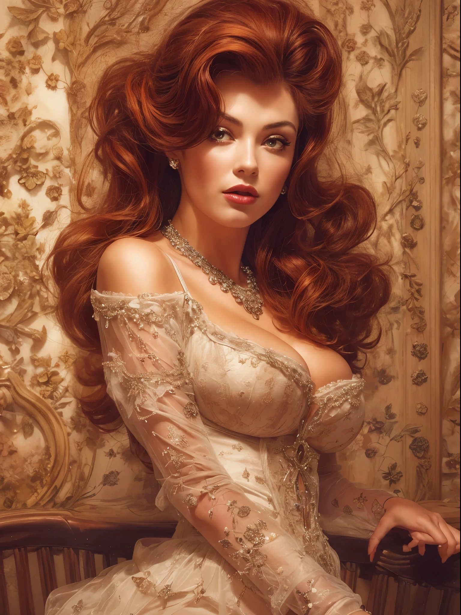 (1960s \(style\)), pin-up style, thin woman in a tight-laced ornate corset, huge hanging breasts spilling over the top, skindentation, ornate filigree, perfectly styled hairdo, red hair, parted red lips, juicy lipstick, ruffled panties, long legs, stockings, soft lighting, beautiful rich bedroom, hyper realism, 8k,