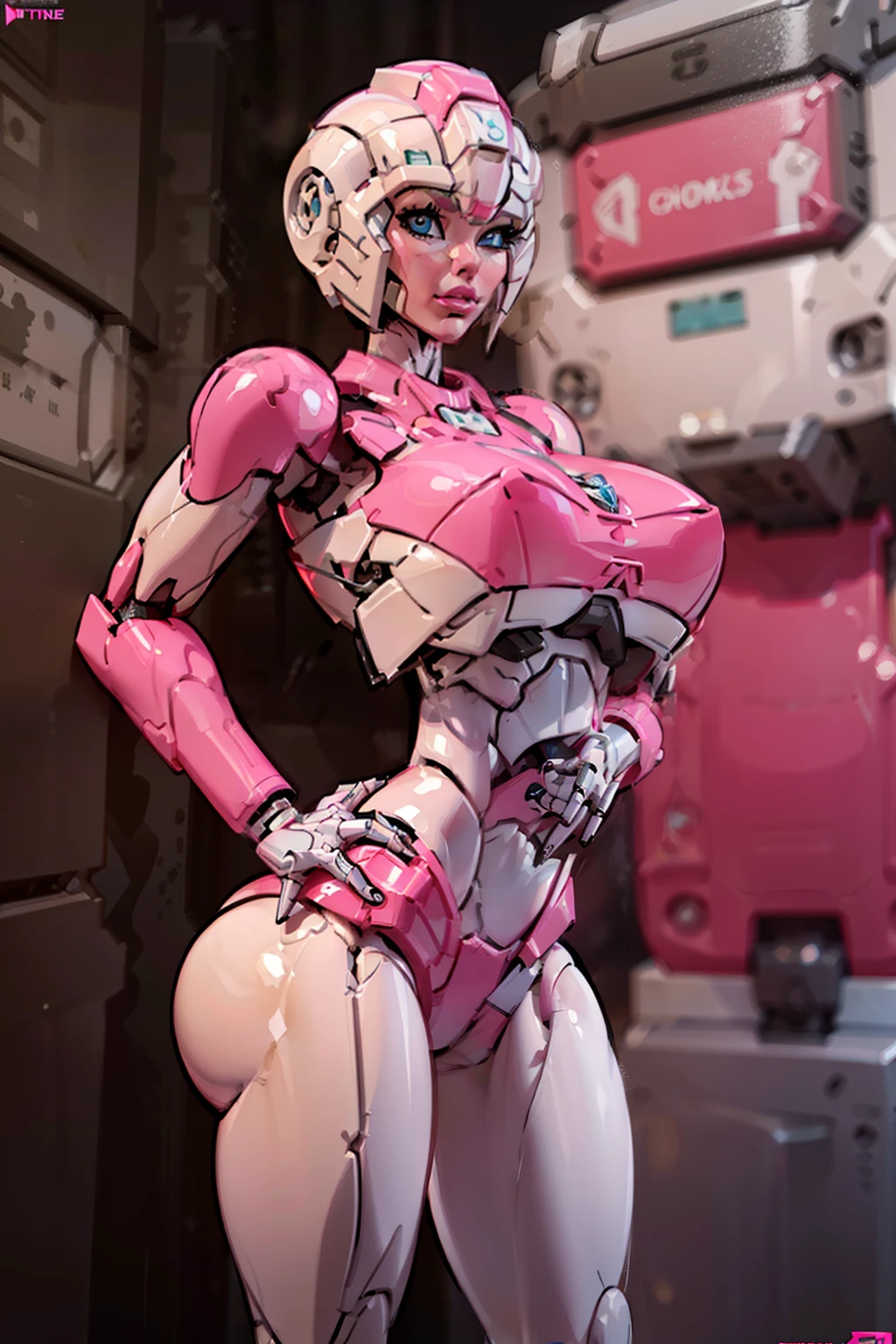 (best quality,4k,8k,highres,masterpiece:1.2),ultra-detailed,(realistic,photorealistic,photo-realistic:1.37), ((arcee)), character,ultra-fine painting,sharp focus,physically-based rendering,extreme detail description,professional, ((arcee aesthetic)), defined cheekbones, high cheekbones, illustration, ((muscular:1.3)), ((pink:1.4)),  (gigantic breasts:1.7) , white body, ((detailed face:1.4)), (Arcee), Arafed Mujer con un traje futurista posando para una foto, (detailed face), defined cheekbones, (puffy lips), (white sclera), en armadura futurista blanca, girl in mecha cyber armor, (helmet covers forehead), full lips, (pink and white color scheme), large shoulders, large ass, Renderizado del motor irreal + una diosa, Armadura cyborg de porcelana, Armadura blanca brillante, (pink and white aesthetic), (gigantic breasts), slim waist, cybernetic abs, ((pink face)), cuerpo cyborg ginoide, (aletta ocean face), Hermosa y atractiva cyborg femenina, Diferentes cibertrajes, Hermosa cyborg hembra, Hermosa chica ((blanca cyborg)), Con armadura futurista, Perfecto cyborg hembra