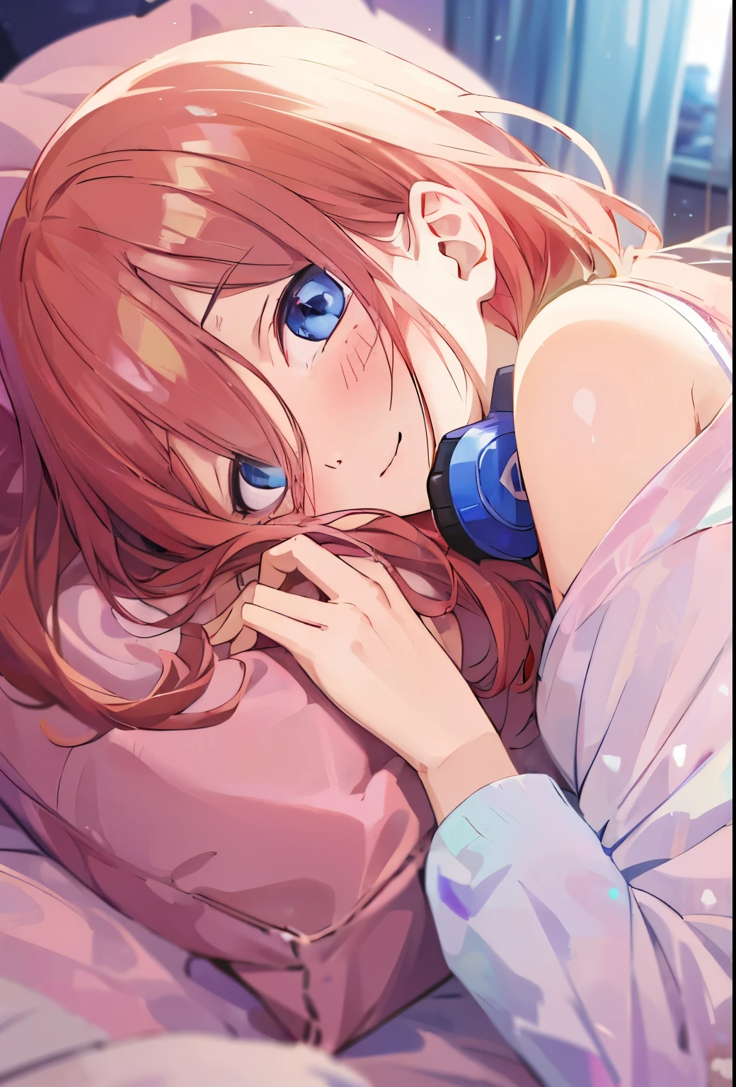 Miku Nakano, aesthetic, Soft Light, Deep Focus Bokeh, Ray Tracing, --niji 5. crystal, fantasy, galaxy, transparent, Nakano Miku from the quintessential quintuplets, shimmering, sparkling, splendid, colorful, magical photography, dramatic lighting, Miku Nakano, long fluffy pink brown hair, blue eyes, nakano_miku, iridescent, blue headset, hair strand falling across face, cute, crystal, love, blushing, sweet, splendid, iridescent, waking up, sweet face, light smile, sleepy face, lovely face, cozy, tender face