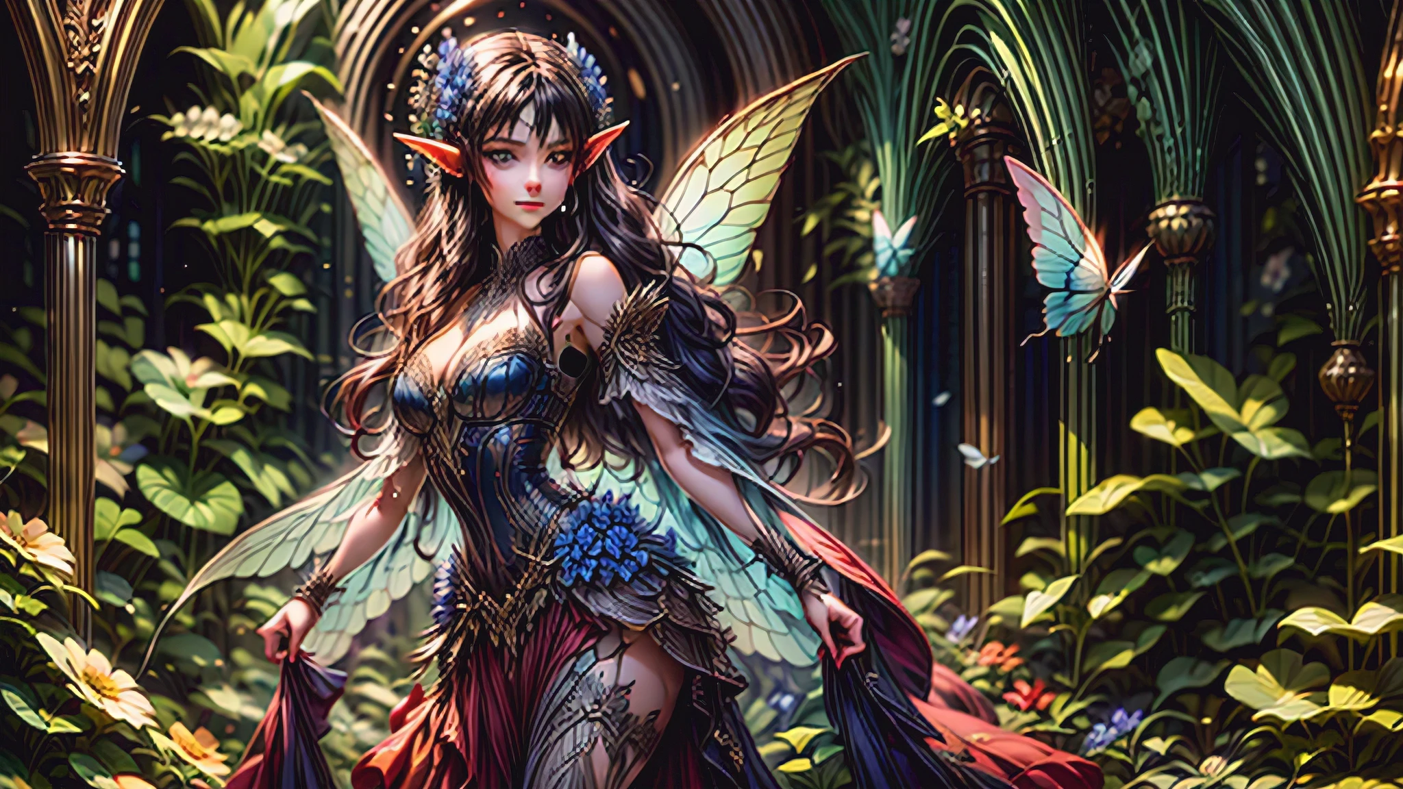 high details, best quality, 16k, RAW, [best detailed], masterpiece, best quality, (extremely detailed), full body, ultra wide shot, photorealistic, dark fantasy art, goth art, RPG art, D&D art, a picture of a dark female fairy resting in a flower meadow, extremely beautiful fairy, ultra feminine (intense details, Masterpiece, best quality), best detailed face (intense details, Masterpiece, best quality), having wide butterfly wings, spread butterfly wings (intense details, Masterpiece, best quality), dark colors wings (intense details, Masterpiece, best quality), black hair, long hair, shinning hair, flowing hair, shy smile, innocent smile, blue eyes, dark red lips, wearing [red] dress latex corset (intense details, Masterpiece, best quality), dynamic elegant shirt, chocker, wearing high heels, in dark colored flower meadow (intense details, Masterpiece, best quality), (red flowers: 1.2) , (black flowers: 1.2), (white flowers: 1.2), (blue flowers: 1.3) [extreme many flowers] (intense details, Masterpiece, best quality), dark colorful flowers (intense details, Masterpiece, best quality), flower shop in a dark goth era street background, dim light, cinematic light, gaslight lamp light, High Detail, Ultra High Quality, High Resolution, 16K Resolution, Ultra HD Pictures, 3D rendering Ultra Realistic, Clear Details, Realistic Detail, Ultra High Definition