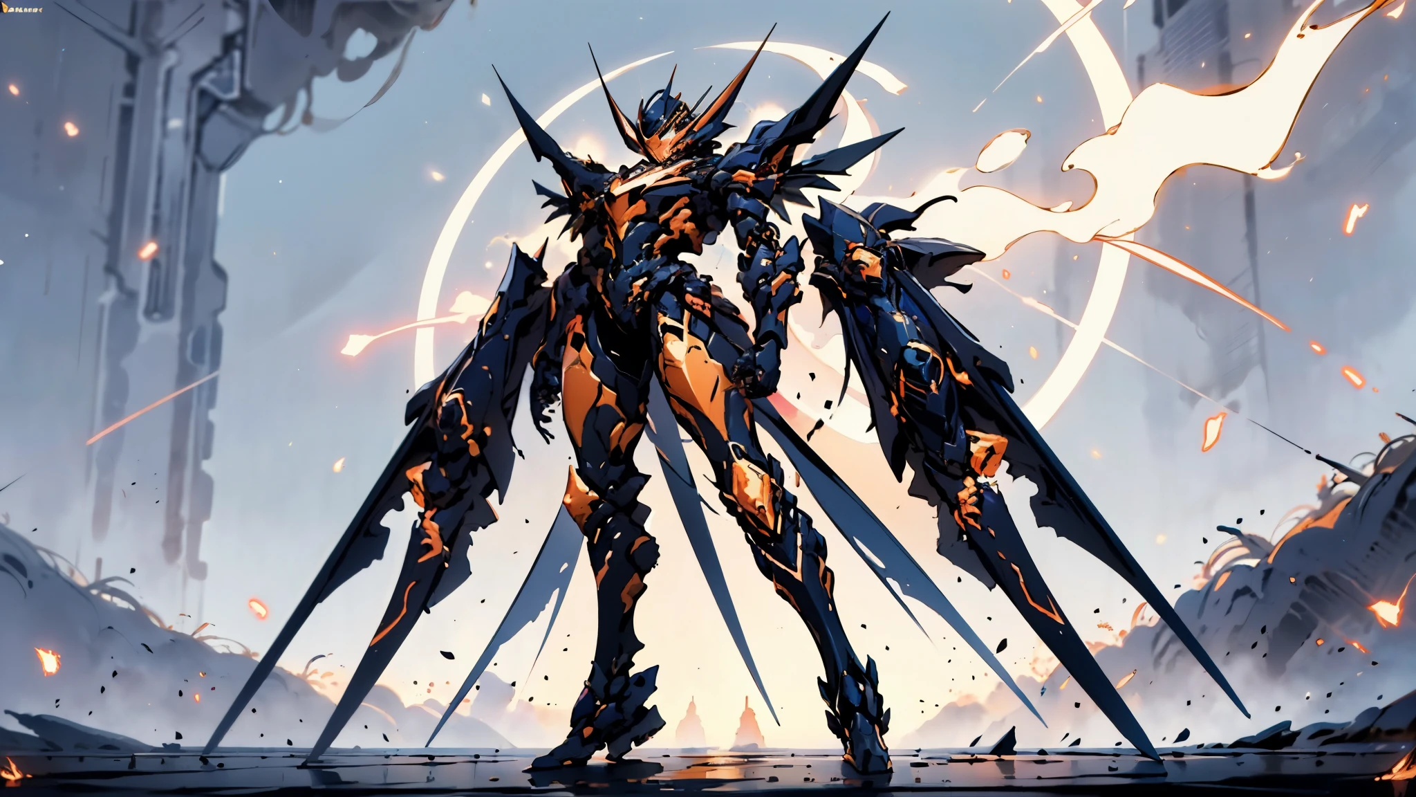 A woman adorned in fantasy-style full-body armor, a crown-concept fully enclosed helmet that unveils only her eyes, a composite layered chest plate, fully encompassing shoulder and hand guards, a lightweight waist armor, form-fitting shin guards, the overall design is heavy-duty yet flexible, ((the armor gleams with a golden glow, complemented by red and blue accents)), exhibiting a noble aura, she floats above a fantasy-surreal high-tech city, this character embodies a finely crafted fantasy-surreal style armored hero in anime style, exquisite and mature manga art style, (Queen bee mixed with Spider concept Armor, plasma, blood), ((Element, energy, elegant, goddess, femminine:1.5)), metallic, high definition, best quality, highres, ultra-detailed, ultra-fine painting, extremely delicate, professional, anatomically correct, symmetrical face, extremely detailed eyes and face, high quality eyes, creativity, RAW photo, UHD, 32k, Natural light, cinematic lighting, masterpiece-anatomy-perfect, masterpiece:1.5