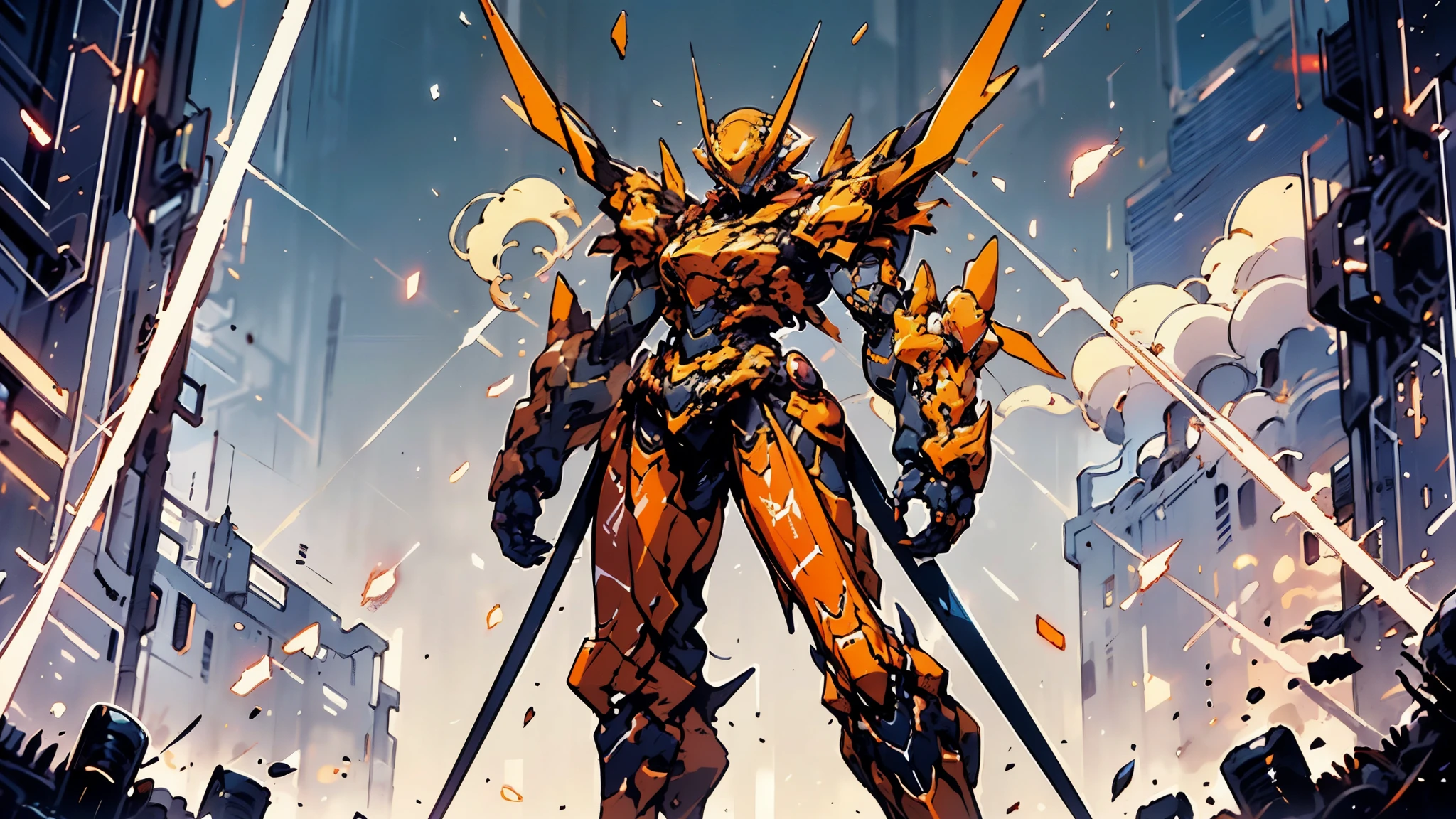 A woman adorned in fantasy-style full-body armor, a crown-concept fully enclosed helmet that unveils only her eyes, a composite layered chest plate, fully encompassing shoulder and hand guards, a lightweight waist armor, form-fitting shin guards, the overall design is heavy-duty yet flexible, ((the armor gleams with a golden glow, complemented by red and blue accents)), exhibiting a noble aura, she floats above a fantasy-surreal high-tech city, this character embodies a finely crafted fantasy-surreal style armored hero in anime style, exquisite and mature manga art style, (Queen bee mixed with Spider concept Armor, plasma, blood), ((Element, energy, elegant, goddess, femminine:1.5)), metallic, high definition, best quality, highres, ultra-detailed, ultra-fine painting, extremely delicate, professional, anatomically correct, symmetrical face, extremely detailed eyes and face, high quality eyes, creativity, RAW photo, UHD, 32k, Natural light, cinematic lighting, masterpiece-anatomy-perfect, masterpiece:1.5
