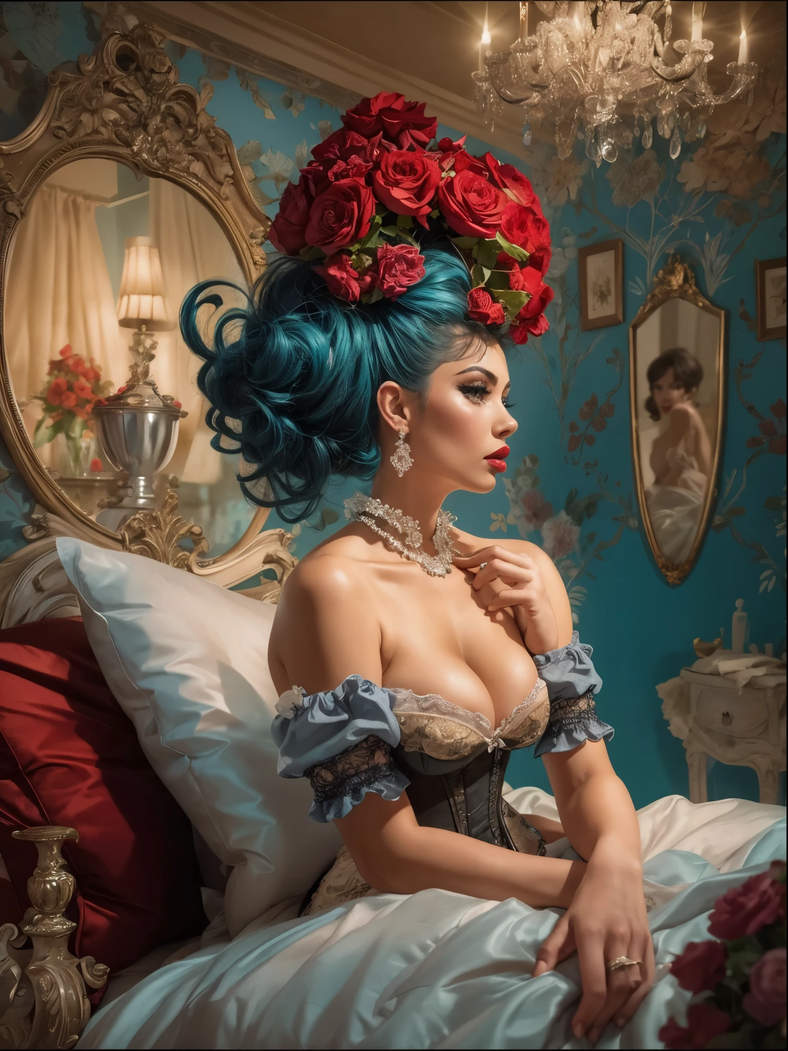 (1960s \(style\)), pin-up style, thin woman in a tight-laced ornate corset, huge hanging breasts spilling over the top, skindentation, ornate filigree, perfectly styled hairdo, blue hair, parted red lips, juicy lipstick, ruffled panties, long legs, stockings, soft lighting, beautiful rich bedroom, hyper realism, 8k,