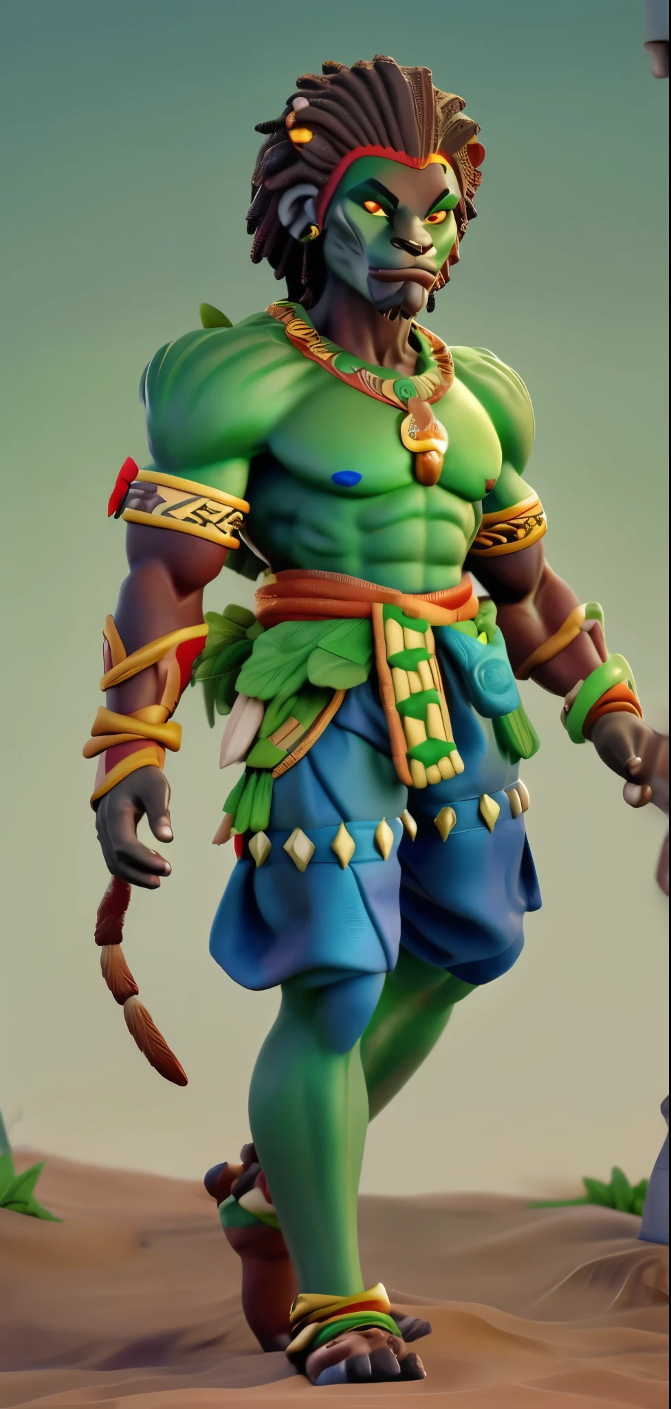 3d, 3d render,, ultra detailed, masterpiece,a savage male with spiky green hair, wearing loin cloth and animal fur shirt, fantasy style 3d, 3d render,