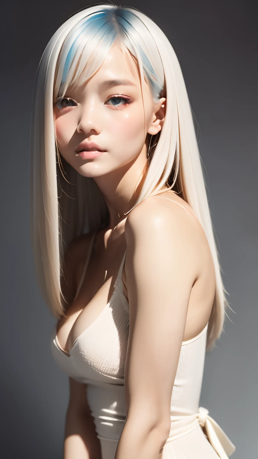one woman、(((Beautiful gradient hair)))、((( big ribbon hair ornament)))、very cute、camisole dress、simple background、background is blurry、An ennui look、small breasts、perfect lighting、cinematic lighting、(smile:0.2), (highest quality:1.0), (超A high resolution:1.0) ,(realistic:1), (Super detailed:1.0), (8K RAW写真:1.1),