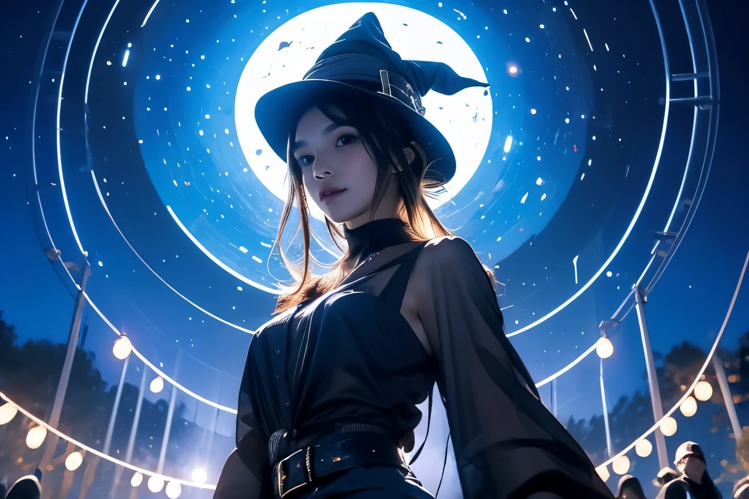 (masterpiece, high quality:1.3), (fisheye:1.25), a witch girl, 18 years old, hand on hips, (night, magical dark forest:1.3), (close-up, upper body:1.3), (solo:1.1), perfect sexy body, red eyes, blonde short hair, bangs, elf ears, grin, (simple:1.1) blue dress, (black:1.1) leggins, witch hat, fireflies, sparkles, epic sky, moon, dynamic light, dynamic shadows