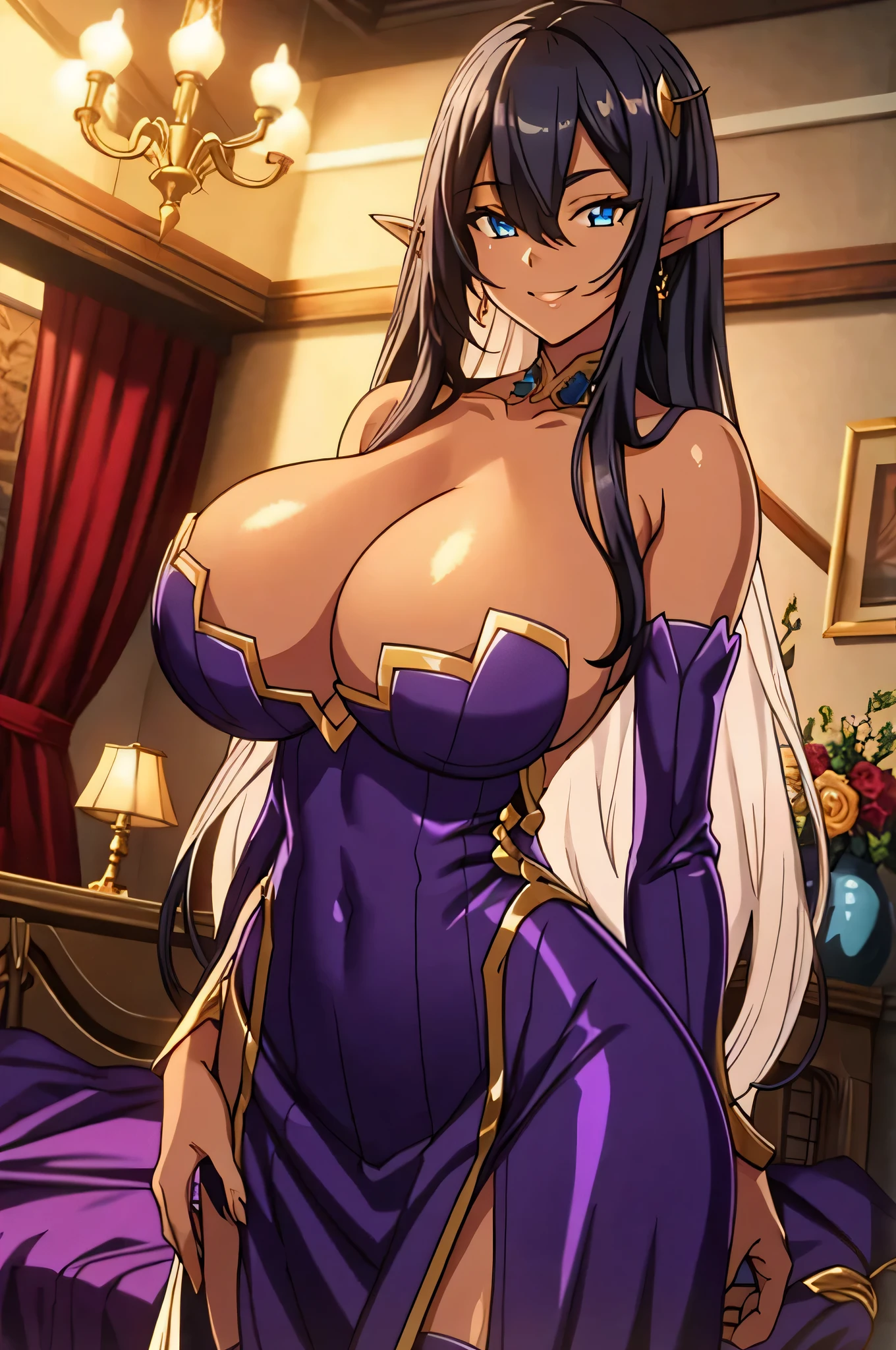 olga discordia, long black hair, long elf ears, dark elf, colored skin, brown skin, hair stick, bangs, blue eyes, solo, smiling, standing, upper body, hips, bare shoulders,purple thighhighs,violet dress, gold jewelry,armor,gloves,circlet, cleavage, red and gold royal castle, gigantic breasts, (best quality, masterpiece, beautiful and aesthetic:1.2, highest detailed face, perfect face,) eyes, perfect face,expressive eyes,
looking at viewer, in the center of the image,(Upper_body),(Focus on her face),
official art,extremely detailed CG unity 8k wallpaper, perfect lighting,Colorful,
(masterpiece:1.0),(best_quality:1.0), ultra high res,4K,ultra-detailed