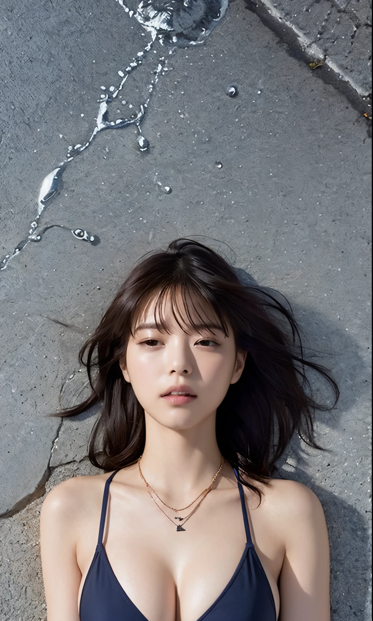 a bikini girl lie down on street, sleeping, from above, beautiful face, beautiful lips, rainy street, crowded street background, wet skin, necklace, cleavage