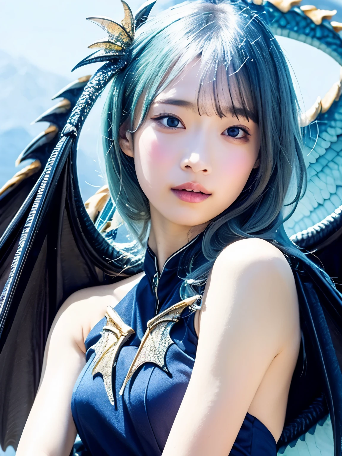 ((best quality)), ((masterpiece)), ((ultra-detailed)), extremely detailed CG, (illustration), ((detailed light)), (an extremely delicate and beautiful), a girl, solo, ((upper body,)), ((cute face)), expressionless, (beautiful detailed eyes), blue dragon eyes, (Vertical pupil:1.2), white hair, shiny hair, colored inner hair, (Dragonwings:1.4), [Armor_dress], blue wings, blue_hair ornament, ice adorns hair, [dragon horn], depth of field, [ice crystal], (snowflake), [], [[[[[Jokul]]]]]