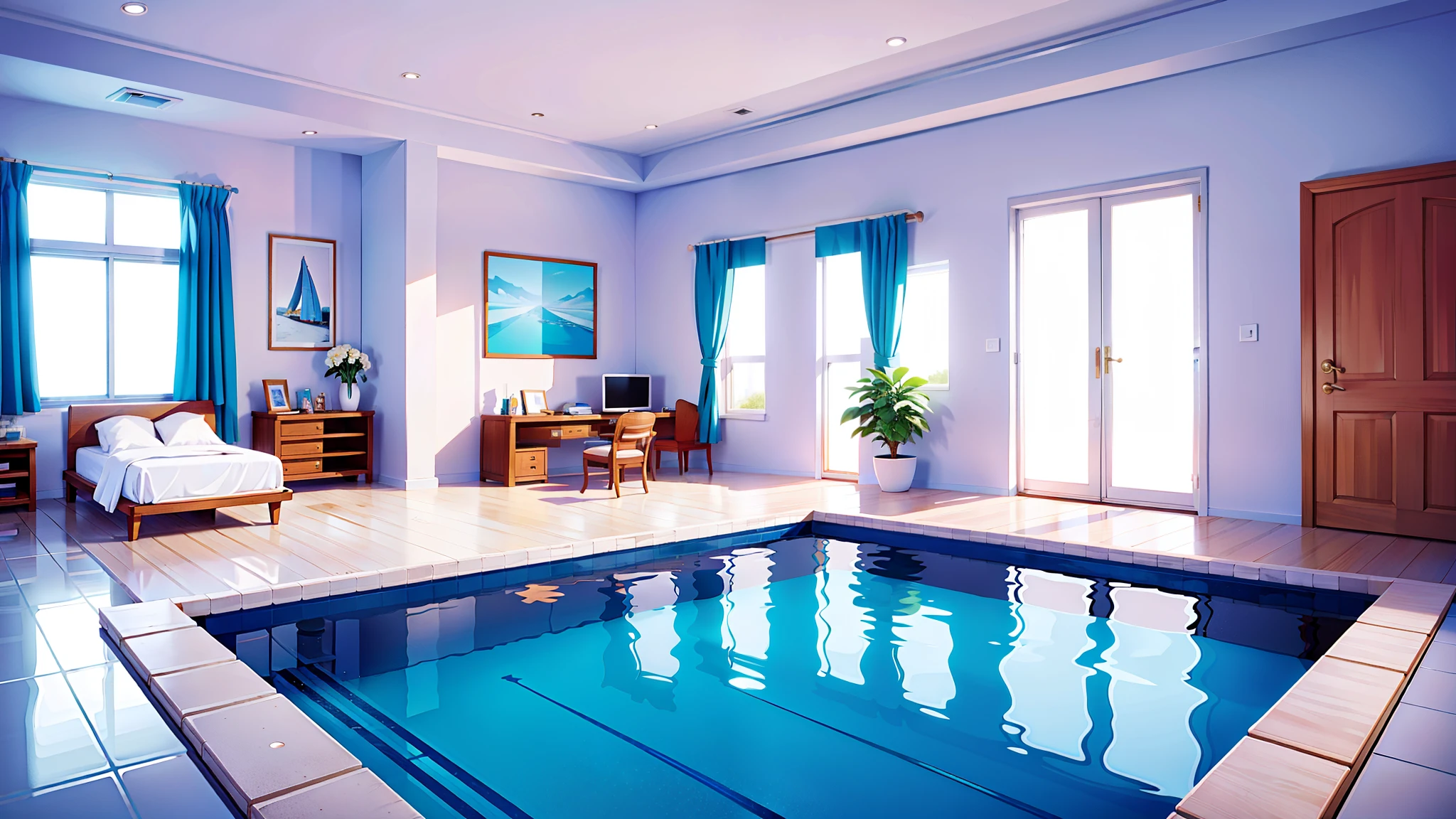 A bedroom with a pool in a white abyss