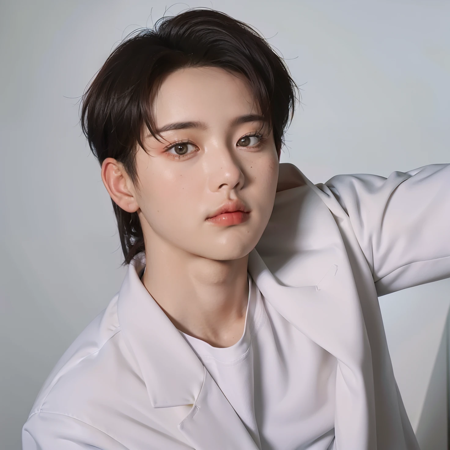 Araffated Asian man wearing a white shirt and a white jacket., cai xukun, yanjun chengt, jungkook, hyung tae, lee wonbin, kim doyoung, jinyoung shin, Jung Jaehyun, kim taejin, hong junio hyung, sakimichan, Inspirado por Bian Shoumin, foto de perfil en la cabeza, yan, diez lee, heise jinyao