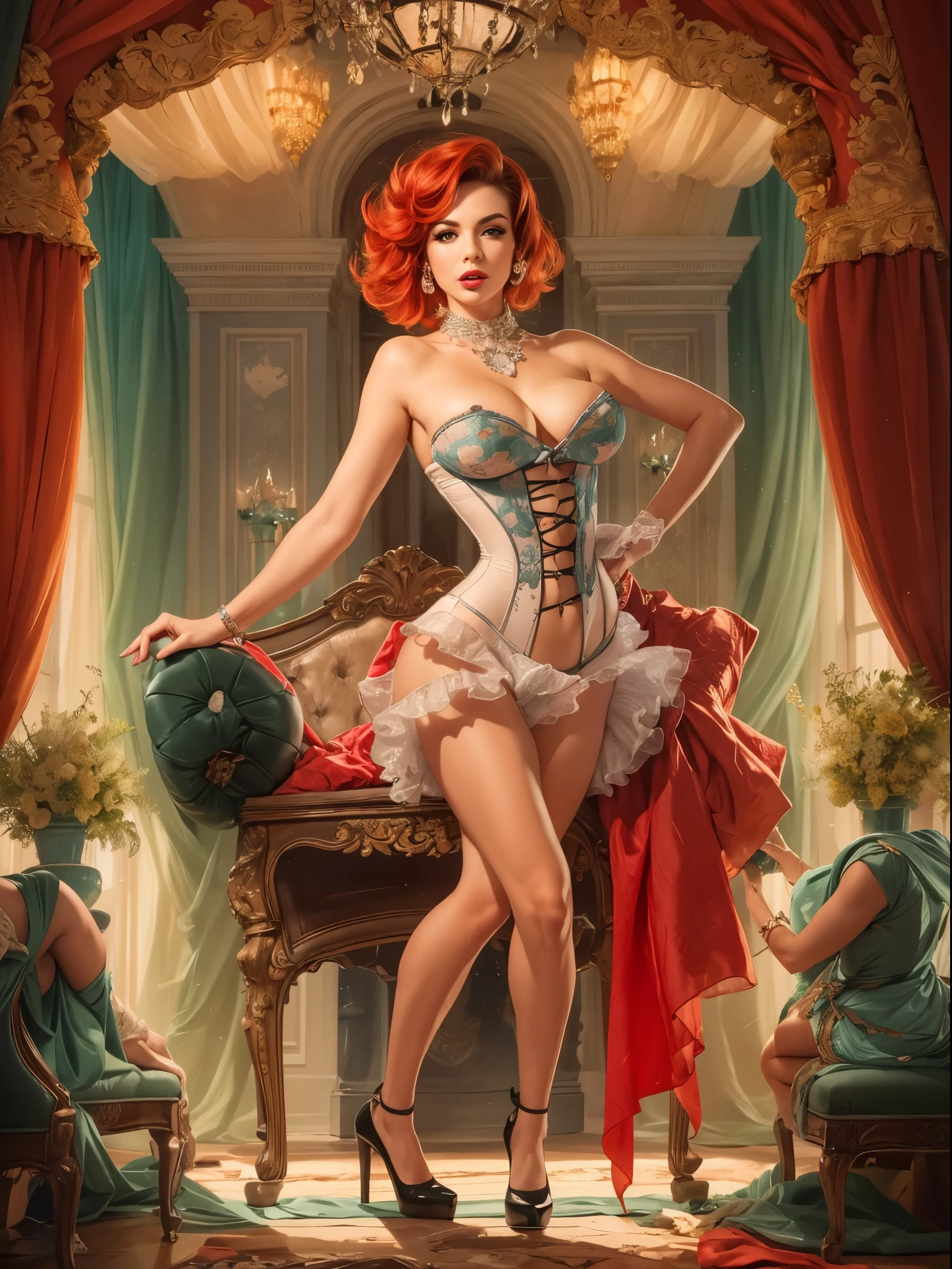 (1960s \(style\)), pin-up style, thin woman in a tight-laced ornate corset, huge hanging breasts spilling over the top, skindentation, ornate filigree, perfectly styled hairdo, rainbow hair, parted red lips, juicy lipstick, ruffled panties, long legs, stockings, soft lighting, beautiful rich bedroom, hyper realism, 8k,