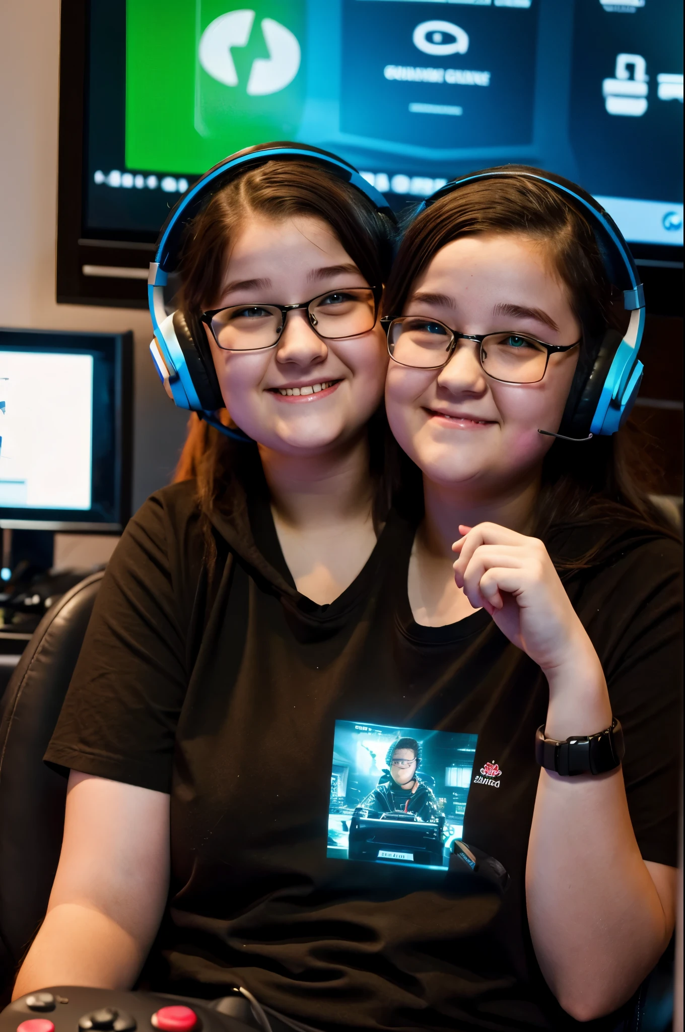 2heads, two headed girl, gamer, nerdy, chubby, , playing game, holding controller, wearing gaming headset, cute, Irish,