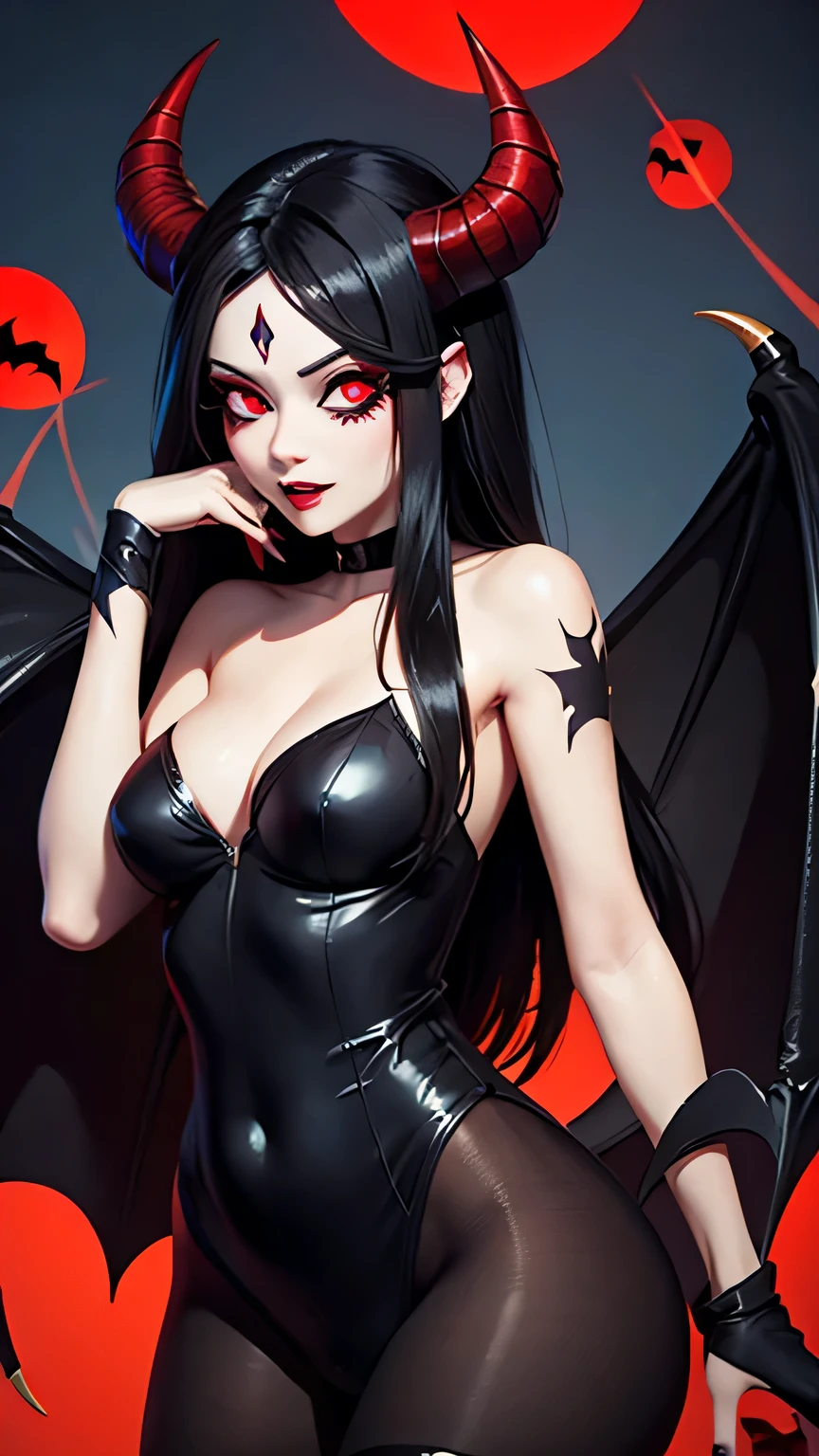 demon woman with long black hair, sharp teeth, glowing red eyes, bat wings on back, ram horns, hazbin hotel