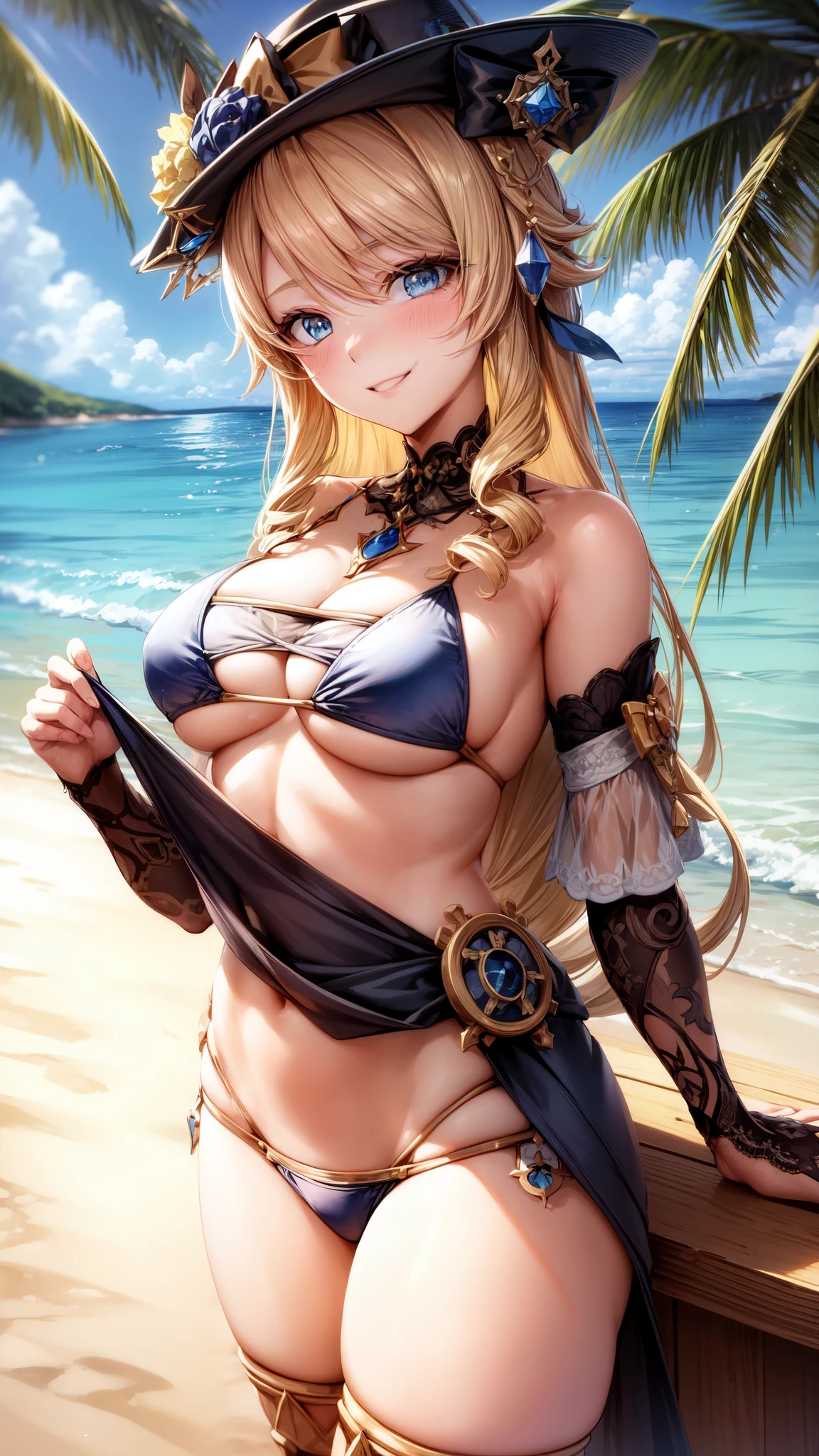 anime, beautiful face, highly detailed face, 2 accurate legs, blue detailed eyes, highly detailed beach background, perfect lighting, best body lighting, navia hat, 1girl, solo, navia, genshin impact, outdoors, beautiful blonde long hair, absurdres, high res, ultrasharp, 8K, masterpiece, looking at viewer, (happy smile:1.2), blushing loads, BREAK (detailed sexy beach bikini:1.5), all intricate lace, (very elegant pose:1.2)
