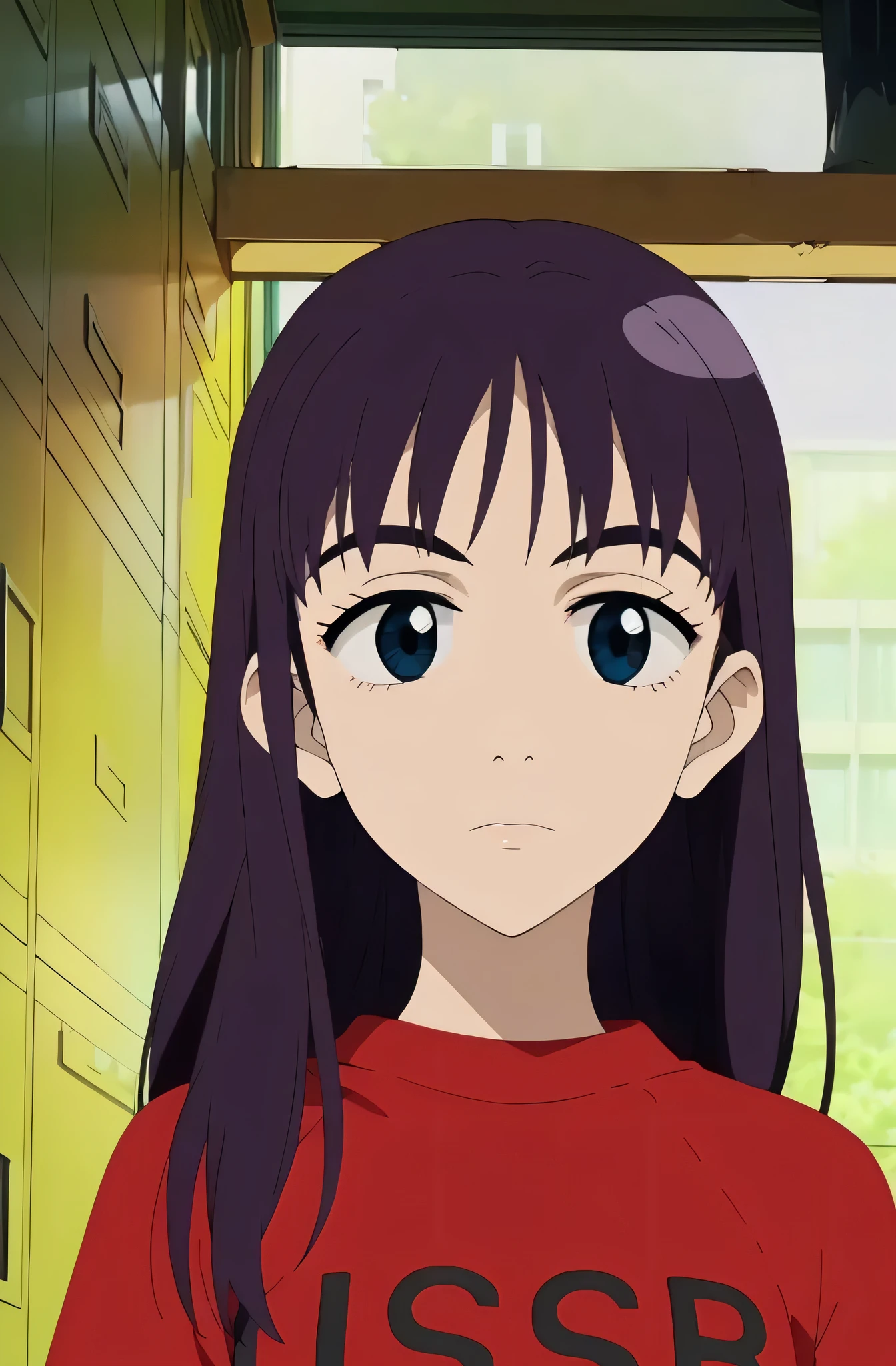 ((best quality)),((highly detailed)),masterpiece,absurdres,detailed face,beautiful face,(detailed eyes, deep eyes),1girl,((dynamic pose)) , eri, solo, long hair, shirt, looking at viewer, red shirt, upper body, clothes writing, blue eyes, purple hair, thick eyebrows, parted lips, night, bangs, frown, door, indoors, sweater, looking down
