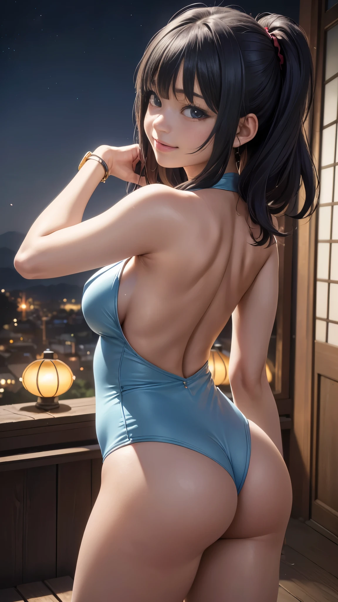 (best quality,4k,8k,highres,masterpiece:1.2), ultra-detailed, (realistic,photorealistic,photo-realistic:1.37), beautiful girl with(1girl) a charming smile, vibrant hair color, anime character tag, view from behind, (Sazae-san, Chibi Maruko-chan, Detective Conan, Frieren and the Journey to the Beyond, One Piece)