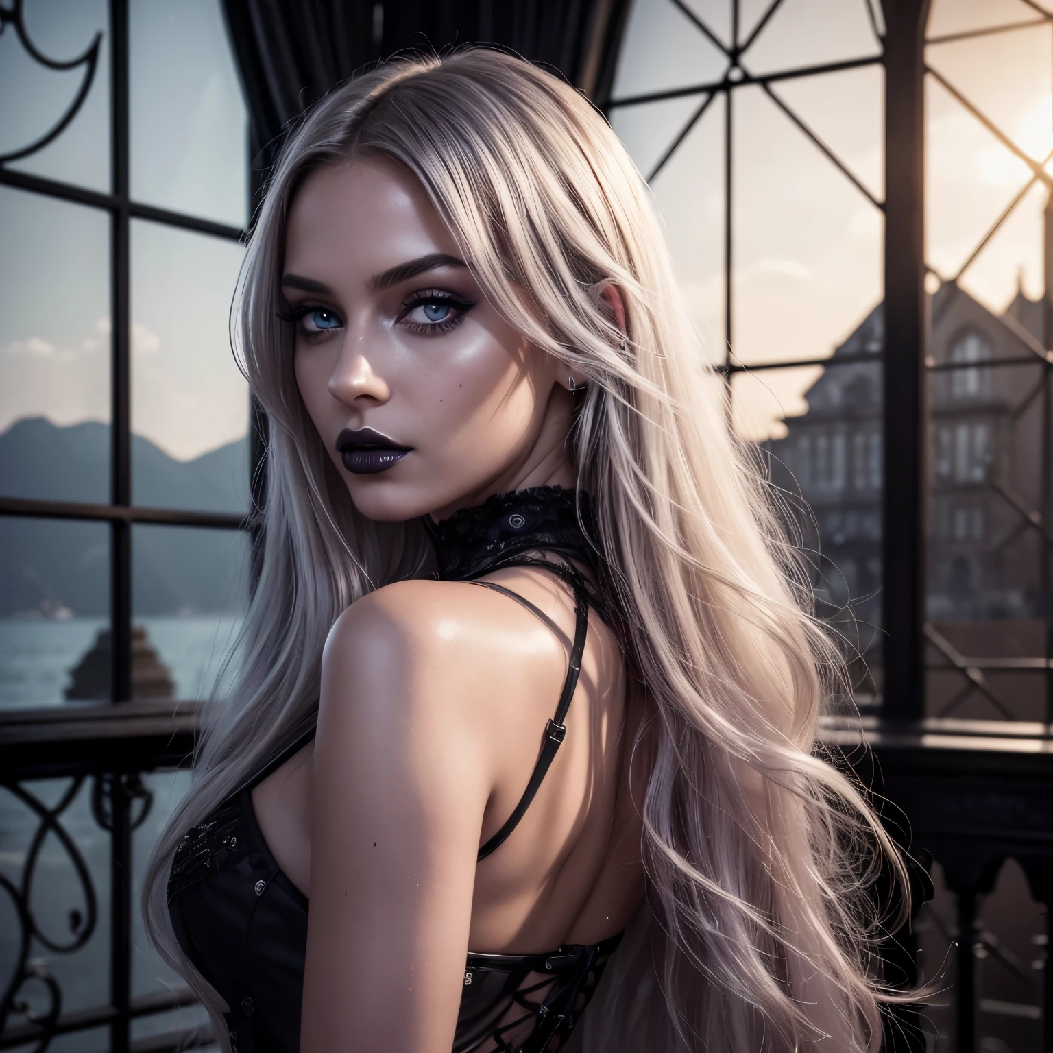 (Photorealistic:1.5), Glossy magazine cover photo, Young British woman, (gothic style:1.2), Long silver hair cascading down her back, Photorealistic rendering, High fashion aesthetics, Highly detailed image, Full body pose, Wearing a tulle-lace purple/fuchsia dress adorned with black diamonds, Full lips accentuating her gorgeous face, Big ocean blue eyes, Metallic gothic makeup enhancing her features, Natural yet radiant high light illuminating her complexion, Ultra HD quality, extracted from RAW data for optimal visual fidelity, Masterpiece composition. (Realistic:1