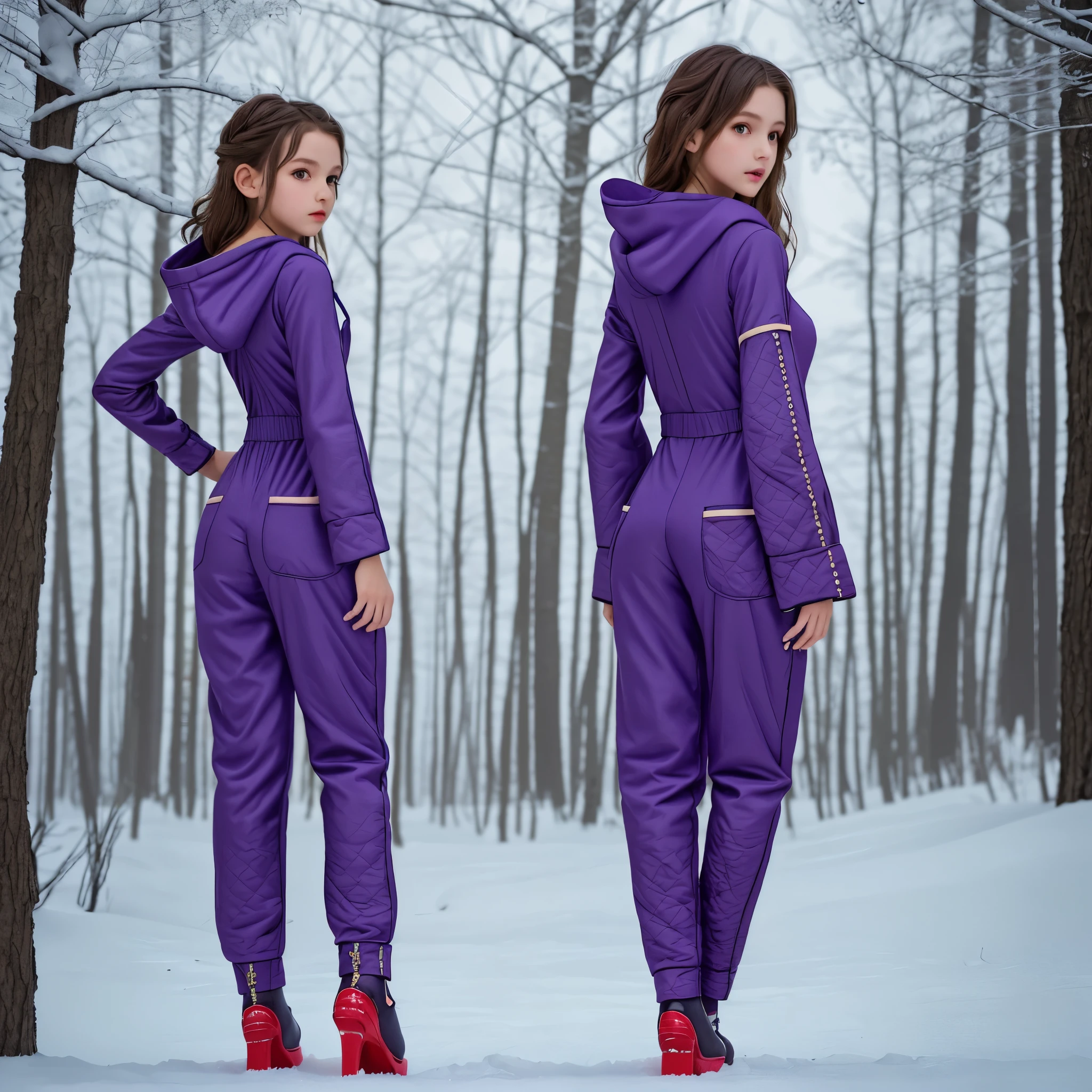 High quality photos. One -yeld giis full-length in a voluminous purple winter jumpsuit with a diamond-shaped quilted pattern and one hood. There are many pockets on the jumpsuit: front, back and sleeves, many button and zipper fasteners, original elements, decorative stitching. Steampunk style. Green shoes.