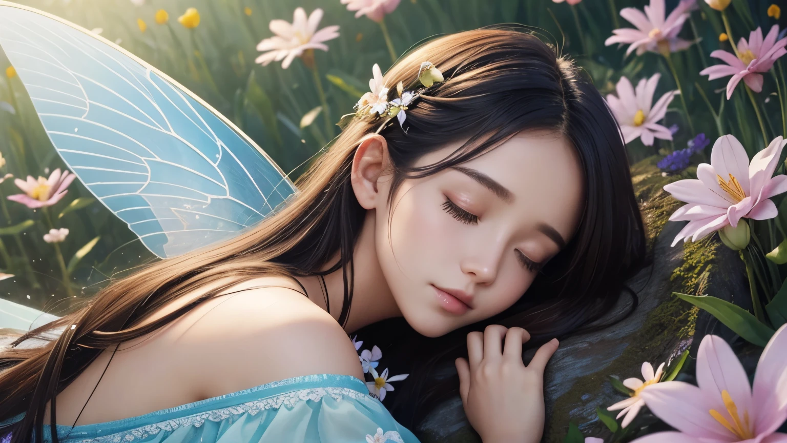 One beautiful fairy with wings、Sleeping、With the fairy in front、Upper body、close up of face、spring scenery、surrounded by flowers、colorful flower field、high resolution、mysterious、high resolution、