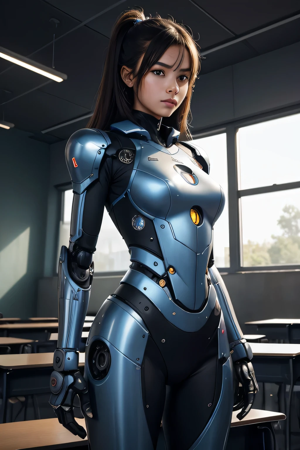 High girl who became a robot A human male teacher is standing behind me.. Machine body The background is a classroom, Hmm, retina, masterpiece, Accurate, anatomically correct, rough skin, Super detailed, advanced details, high quality, Awards, 最high quality, High resolution