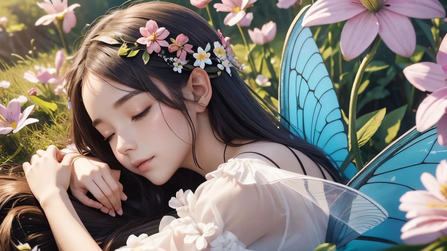 One beautiful fairy with wings、Sleeping、With the fairy in front、Upper body、close up of face、spring scenery、surrounded by flowers、colorful flower field、high resolution、mysterious、high resolution、