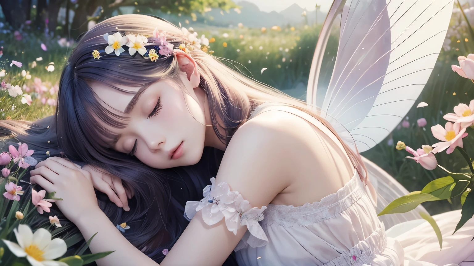 One beautiful fairy with wings、Sleeping、pale hair、bangs、Upper body、close up of face、spring scenery、surrounded by flowers、colorful flower field、high resolution、mysterious、high resolution、