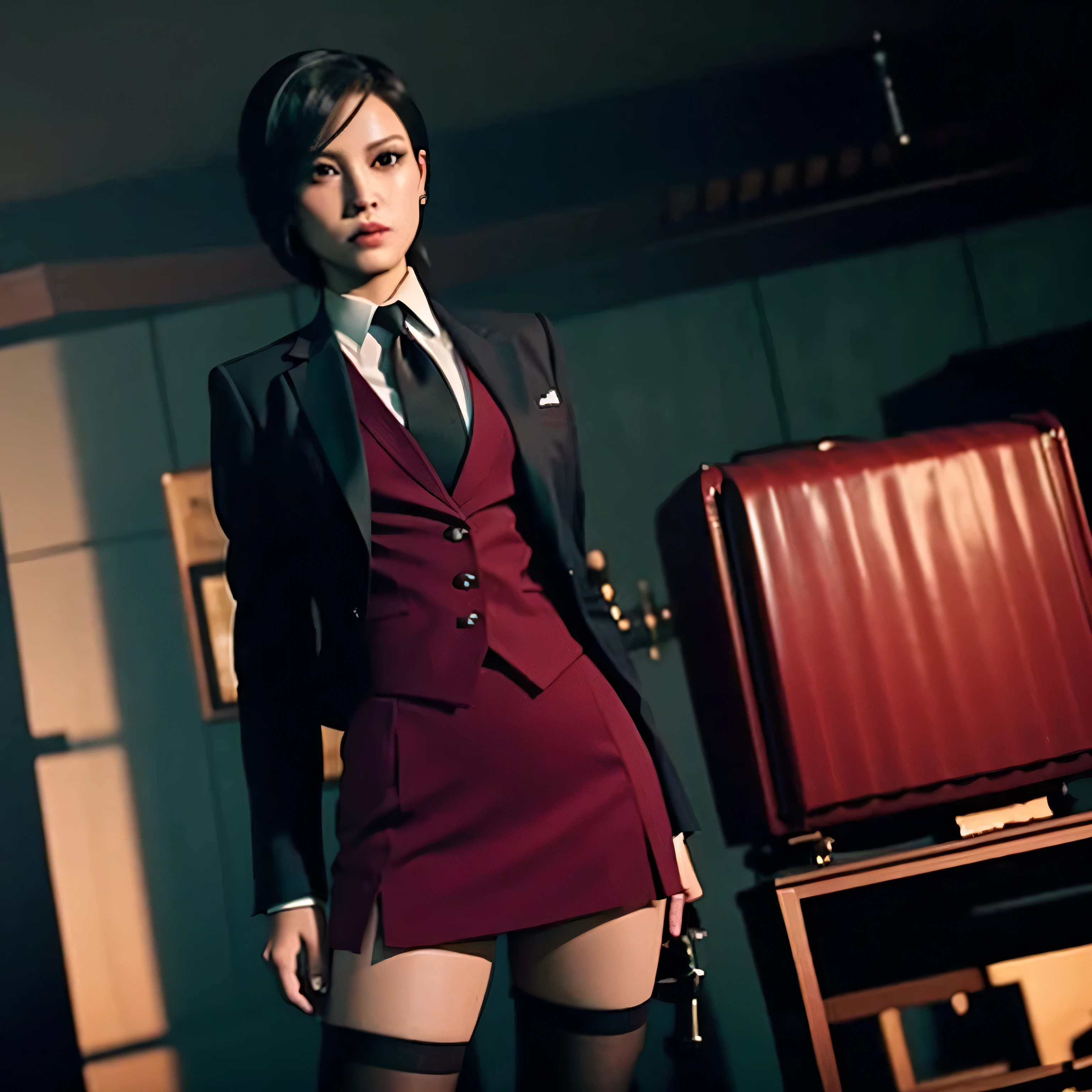 (masterpiece, best quality:1.2), 1girl, solo, skirt suit, suit and tie, (((three-piece suit))), silk dress shirt, shirt and tie, necktie, ((blazer)), ((suit jacket)) ((waistcoat)), ((bodycon miniskirt)), pantyhose, tights, stockings, tie clip, pocket square, tailored suit, (((cufflinks))),