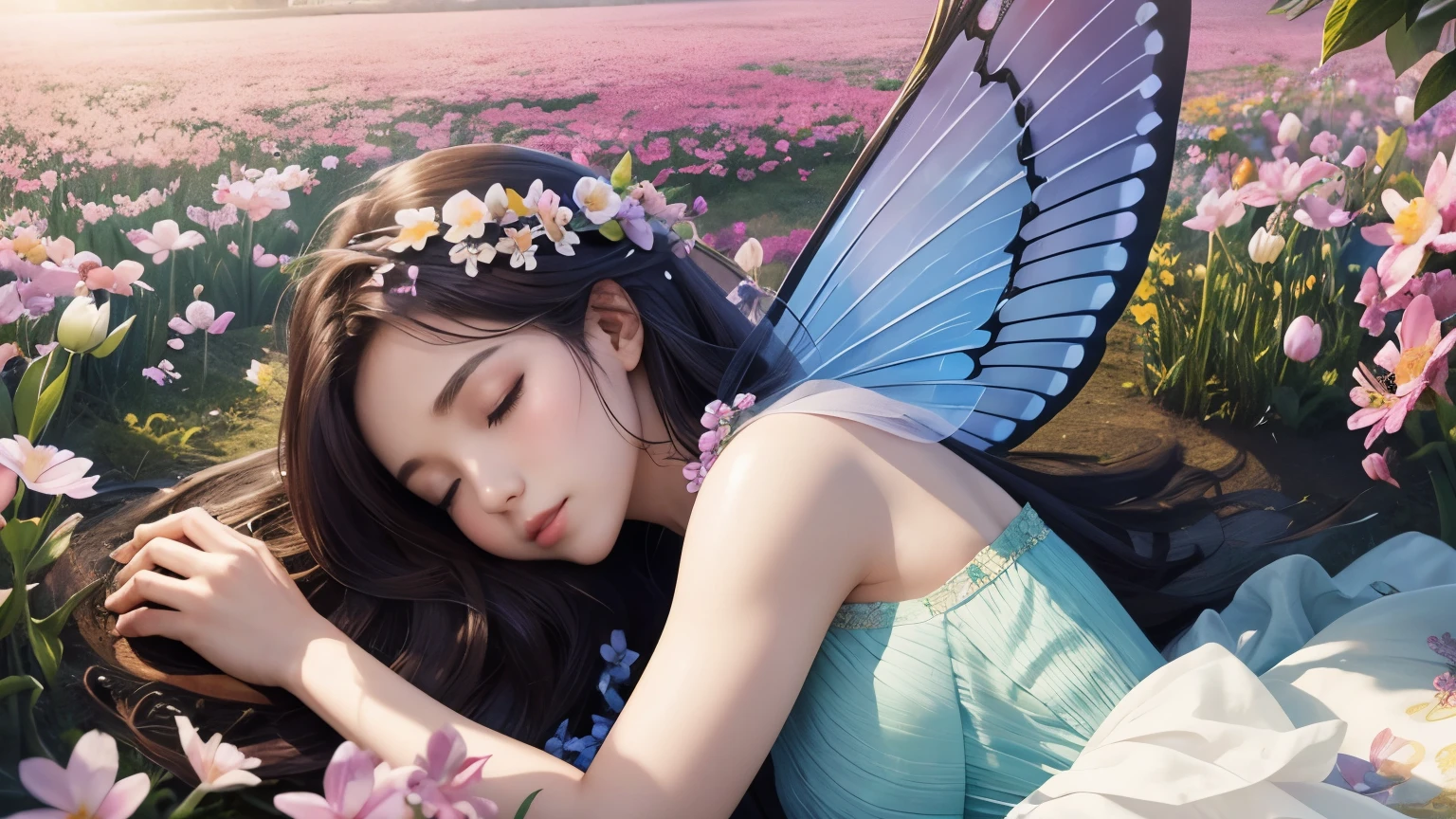 One beautiful fairy with wings、Sleeping、Upper body、Beautiful lips、Flowers in the foreground、spring scenery、surrounded by flowers、colorful flower field、high resolution、mysterious、high resolution、