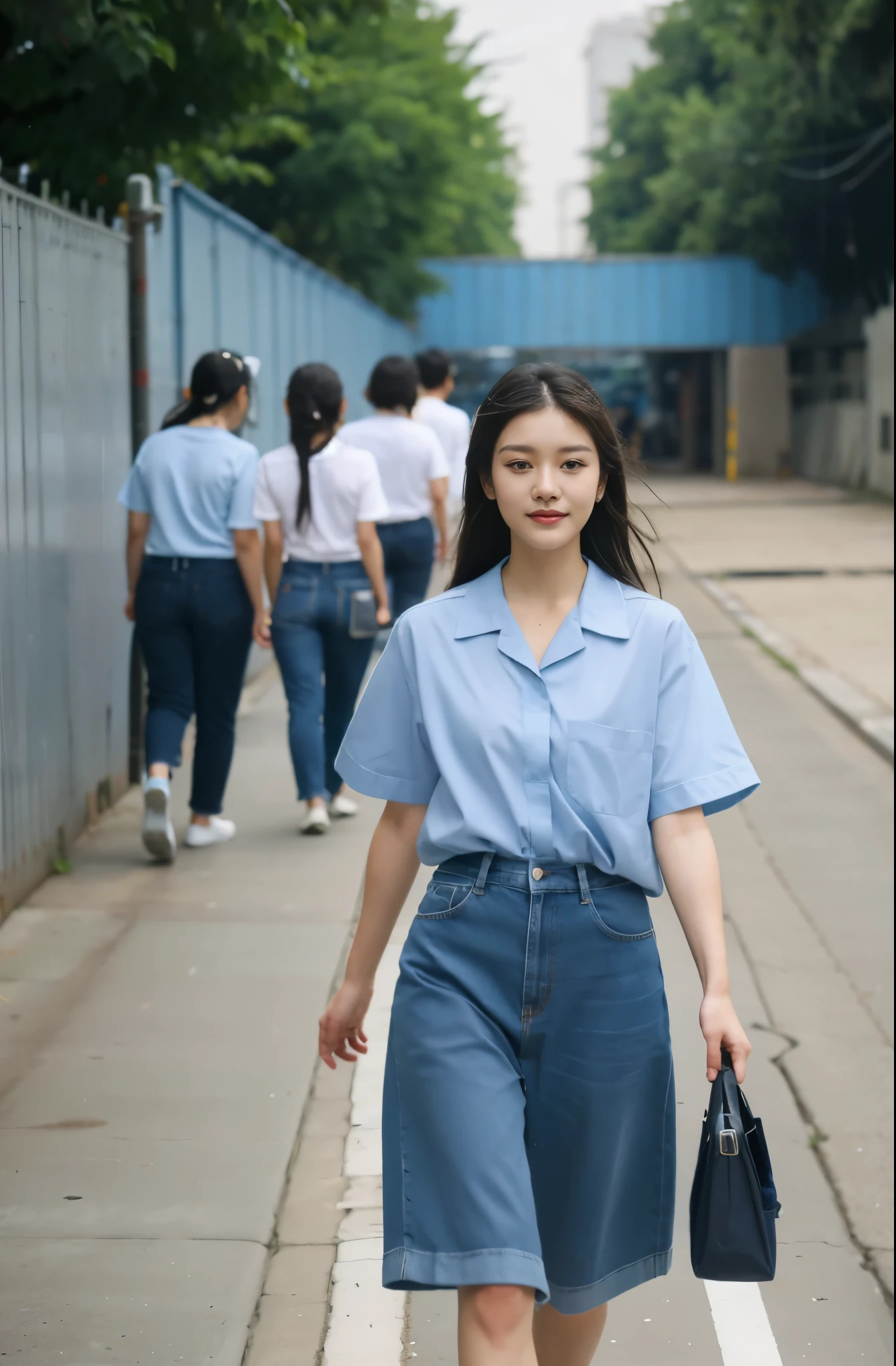 a group of beauties，wear mask，ponytail，Wearing sky blue short-sleeved shirt factory workshop employee work clothes,Youth summer work clothes short-sleeved shirt，Indigo jeans，Walking on the sidewalk outside the factory fence，On the way to work