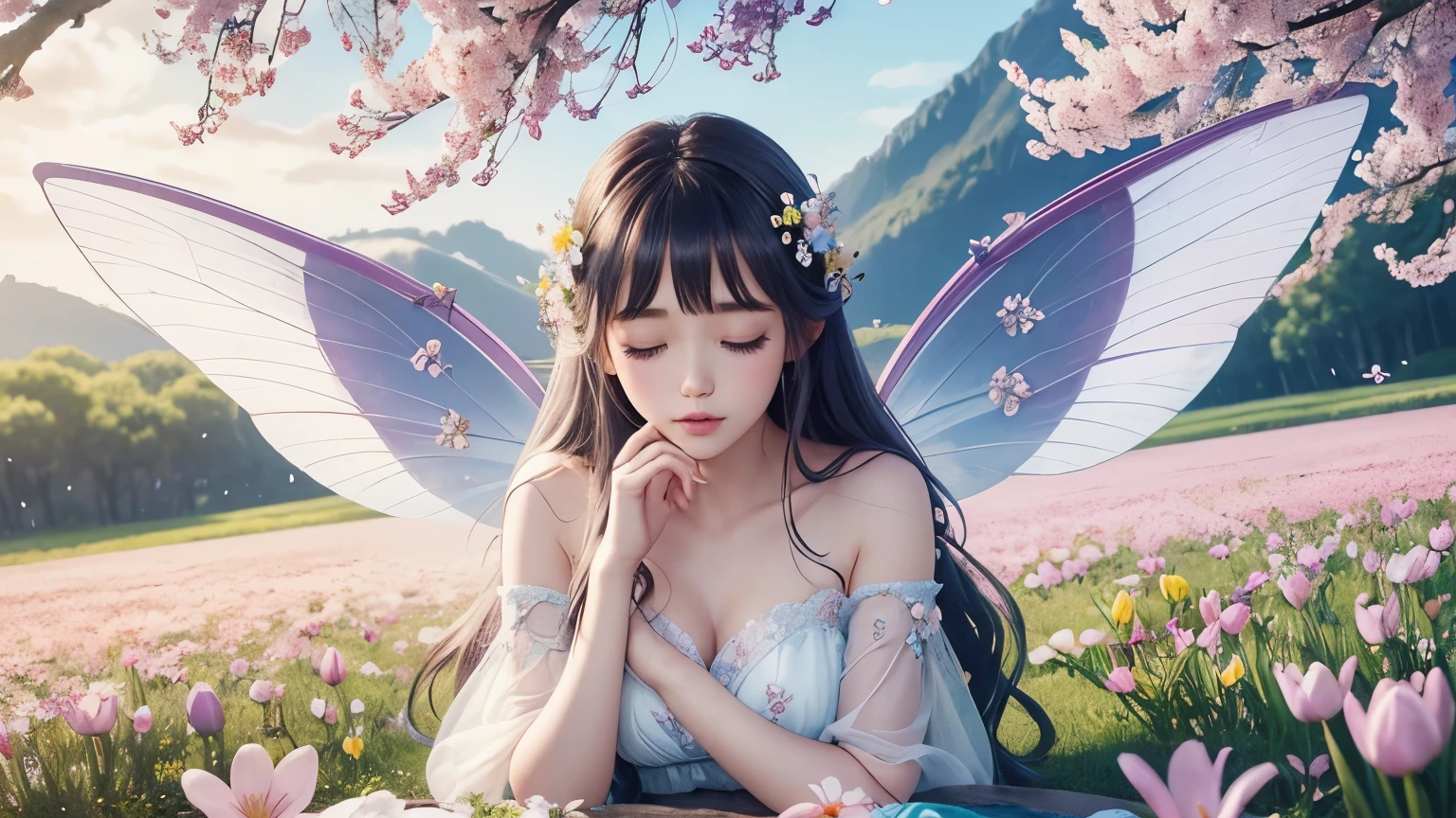 A beautiful fairy with wings、Sleeping、目を閉じてSleeping、With the fairy in front、Upper body、bangs、close up of face、glossy lips、Japanese garden、cherry blossoms、high resolution、mysterious、high resolution、 Around her are bright cherry blossoms and a quiet carp pond. The scenes are drawn using a combination of illustration and photorealism, cherry blossoms吹雪,Highly detailed brush strokes and sharpness, bright colors. Lighting that highlights the elegance of the ユニフォーム, gives softness to the skin, porcelain shine。. Artwork is of the highest quality, Exquisite costume details on display, cherry blossoms,