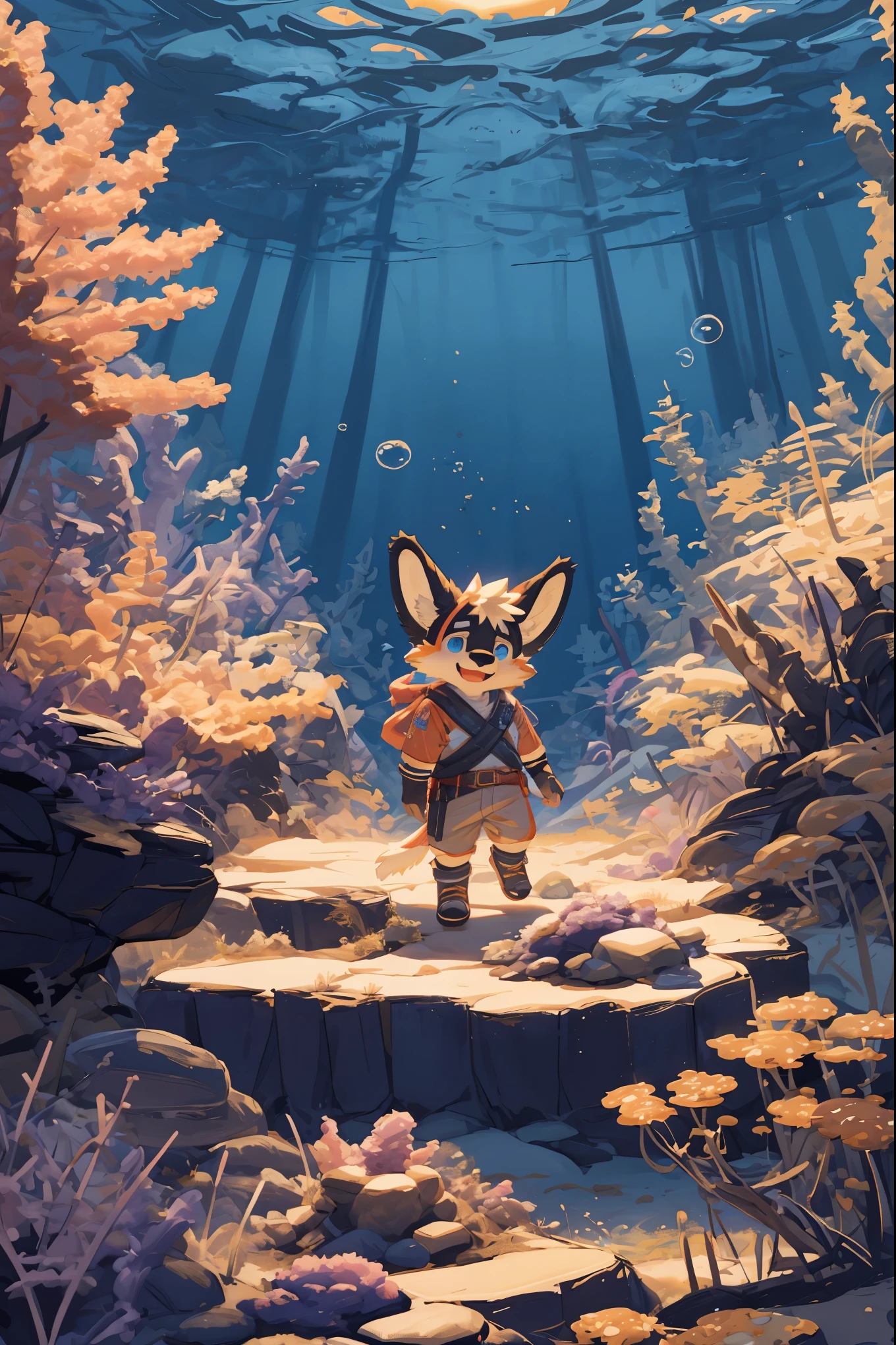 cover_page, highres, top quality, best quality, paid reward available, High-quality illustrations, unparalleled masterpiece, perfect artwork, absurdres, super high resolution, detailed background, Seabed, Coral reef, Bubble, 6+boys, 6+girls, Happy, joyful(Photos of solo travelers)(kemono, furry anthro),
