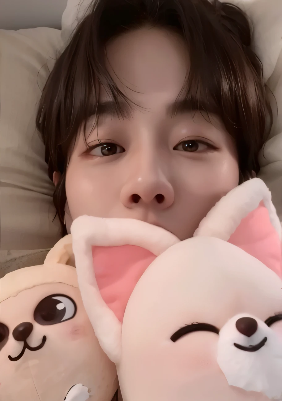 hay un hombre acostado en la cama con un peluche, pale korean adorable face, kim doyoung, Jung Jaehyun, Jimin, ruan cute vtuber, inspirado en jeonseok lee, with beautiful loving eyes, aesthetic jinyoung pimple, jinyoung shin, accurate Jimin face, jungkook, kim taejin, my God, Jimin\his right eyelid is swollen