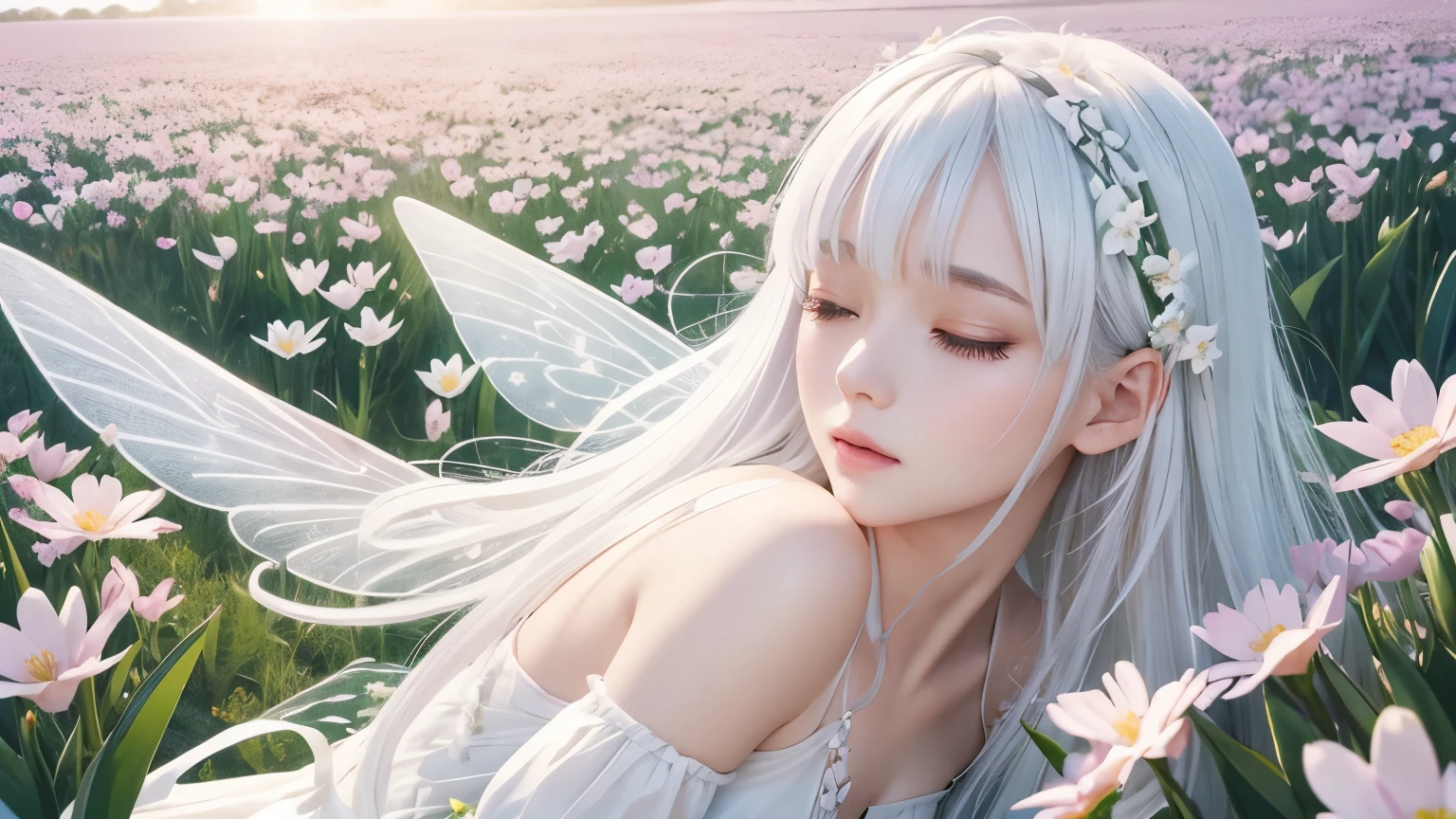 One beautiful fairy with wings、Sleeping、white hair、bangs、Upper body、Beautiful lips、Flowers in the foreground、spring scenery、surrounded by spring flowers、colorful flower field、high resolution、mysterious、high resolution、