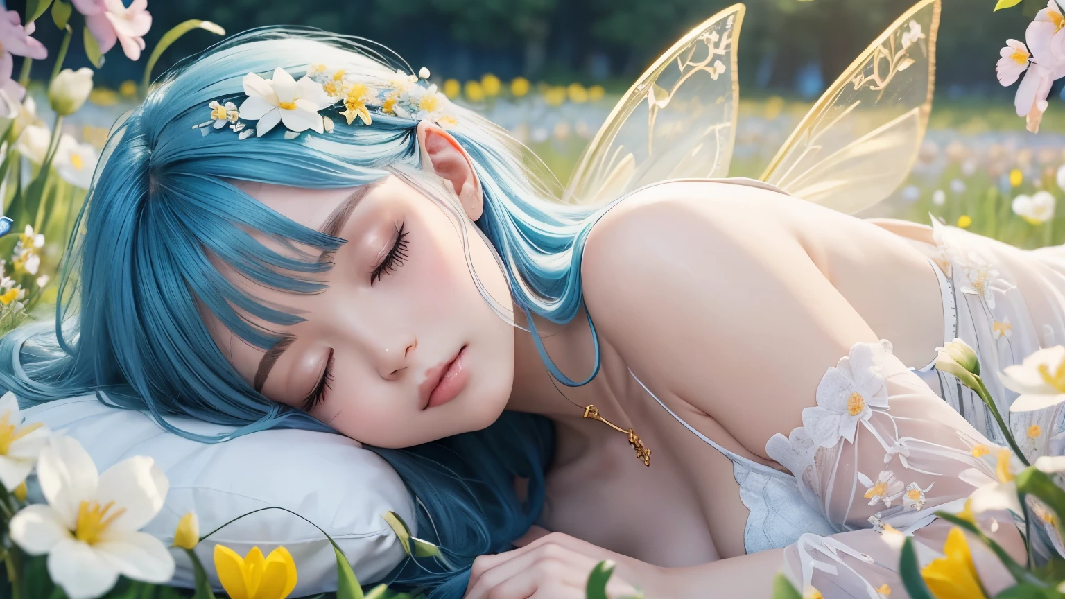 One beautiful fairy with wings、Sleeping、blue champagne gold hair、bangs、Upper body、Beautiful lips、close up of face、Flowers in the foreground、spring scenery、surrounded by spring flowers、colorful flower field、high resolution、mysterious、high resolution、