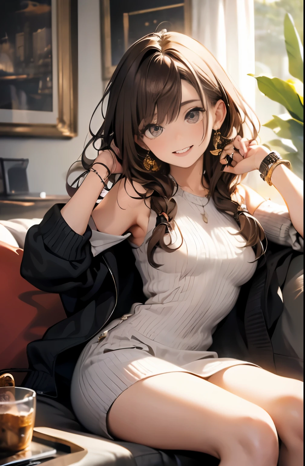 A close up of a woman sitting on a couch with a drink - SeaArt AI