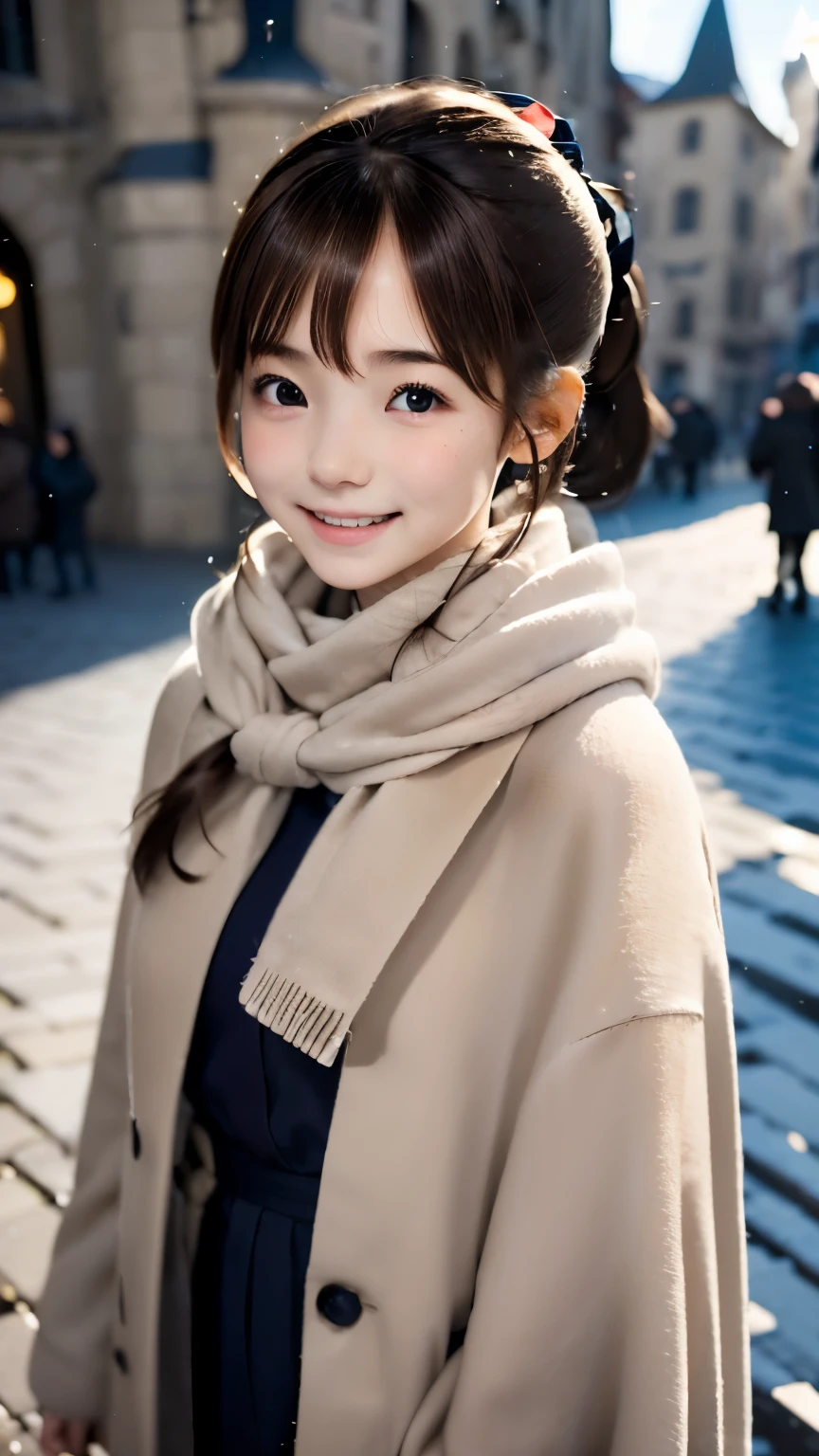 blush,long hair ponytail,big ribbon in her hair,(8k, RAW photo, highest quality, debris flies:1.2), (reality, reality的な:1.4), (Highly detailed 8k wallpaper), focus clearly on the chest, Depth of written boundary, cinematic lighting, soft light, Details beauty eye,Shiny and smooth light brown ponytail, asymmetrical bangs, shiny skin, super dense skin ,High resolution, high detail, detailed hairstyle, detailed beauty face, hyper real, perfect limbs, perfect anatomy ,1 Japanese girl,famous japanese idol, perfect female body,shy smile,short eyelashes,double eyelid,look straight here,Hair style is ponytail,wear a ribbon, office,long ponytail hairstyle,wearing a scrunchie,wearing a long coat,street,stand up straight and face me,so that the whole body can be seen,winter,warm clothes,look straight at me,wearing a scarf,that'It's snowing,european cityscape,cobblestone road,European churches can be seen in the background,in front of a church in europe,At night,Illuminations are shining,