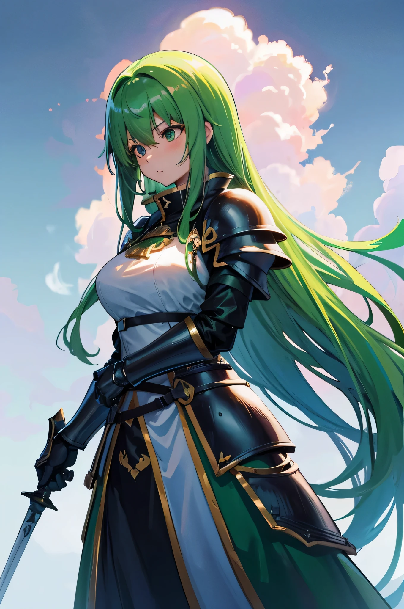 4k,High resolution,one woman,green hair,long hair,knight,黒色のknightの鎧,heavy armor,knightのヘルメット,long sword,Plain color