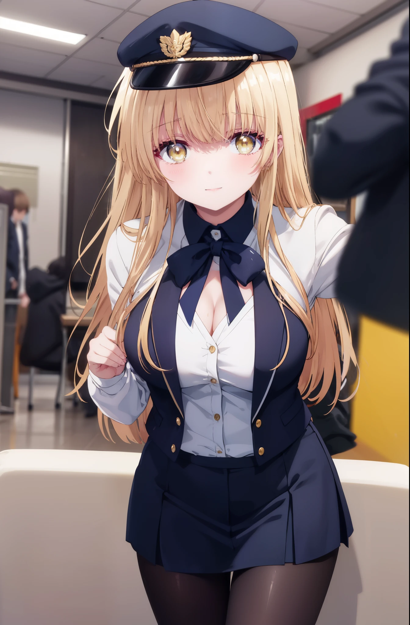mahirushiina, Mahiru Shiina, bangs, blonde hair, brown hair, (yellow eyes:1.3), smile,
plane, indoor, flight attendant, vest, cap, pantyhose, name tag, Are standing, leaning forward, cleavage, 魅惑的なsmile, down blouse, Sound notes, throw, 性的なものを暗示する
break indoors,plane,
break looking at viewer, (cowboy shot:1.5),
break (masterpiece:1.2), highest quality, High resolution, unity 8k wallpaper, (figure:0.8), (detailed and beautiful eyes:1.6), highly detailed face, perfect lighting, Very detailed CG, (perfect hands, perfect anatomy),