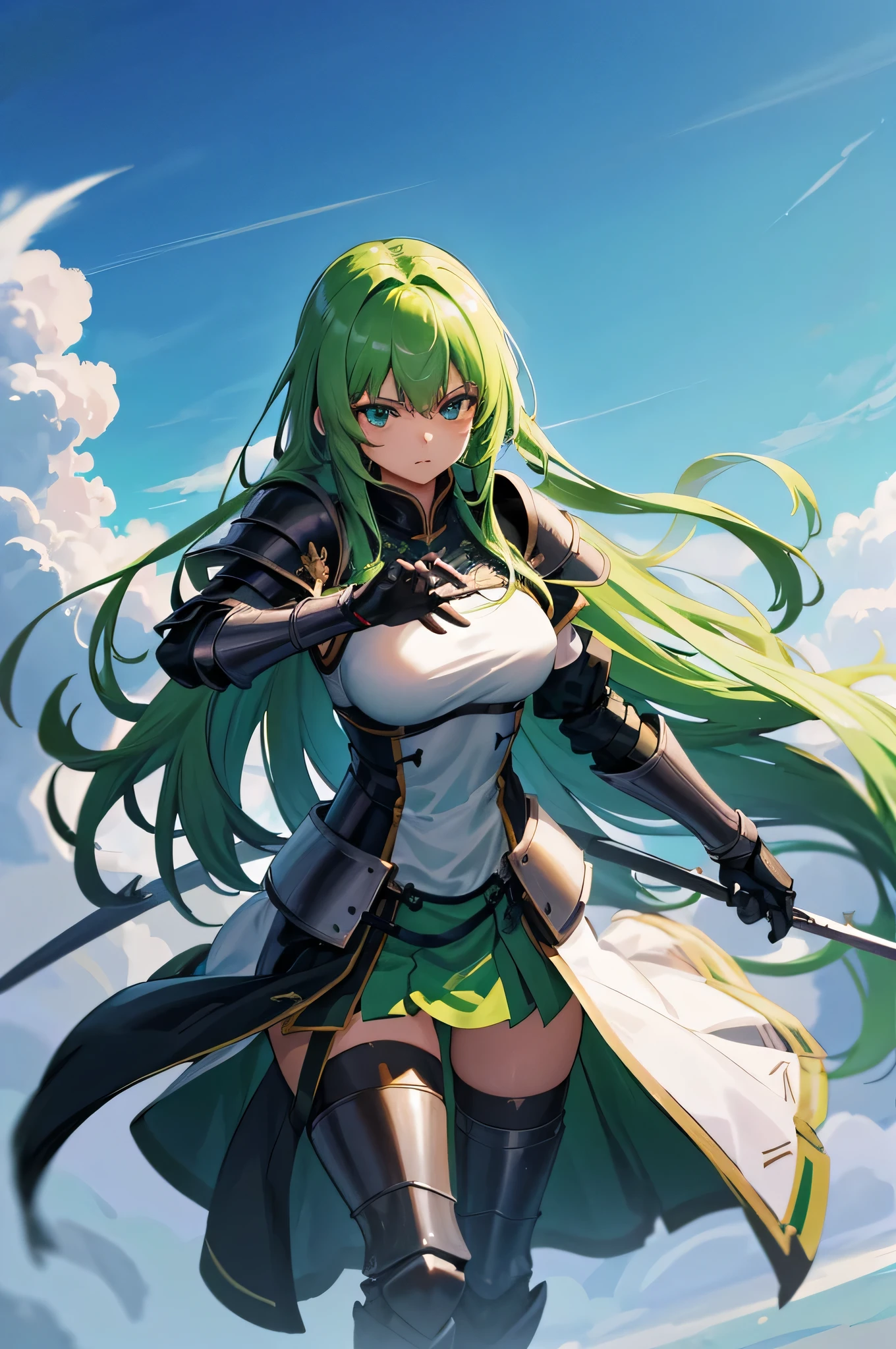 4k,High resolution,one woman,green hair,long hair,knight,黒色のknightの鎧,heavy armor,knightのヘルメット,long sword,Plain color