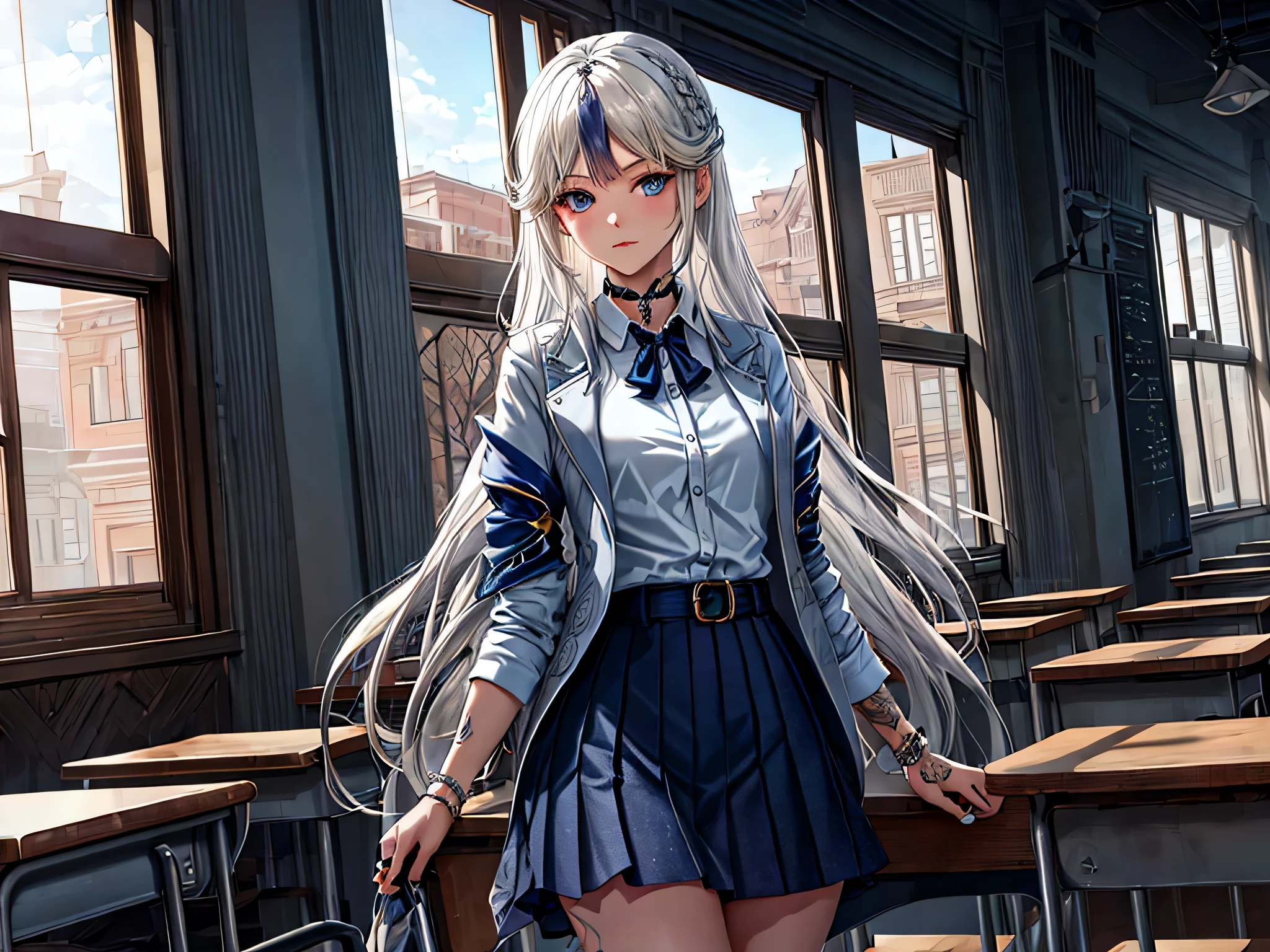 masterpiece, (ultra detailed background, delicate pattern, intricate detail), (highly detailed, fine details), best quality, beautiful lighting, 1girl, solo, Alex, lips, blue eyes, long hair, arm tattoo, leg tattoo, two-tone hair, white hair, gray hair, choker, ((slim girl)), (gray jacket, dark-blue skirt, short skirt, white collared shirt), complex detailed background, inside, classroom environment, school, blackboard, desk, window, closed mouth, looking at viewer, (cowboy shot),
